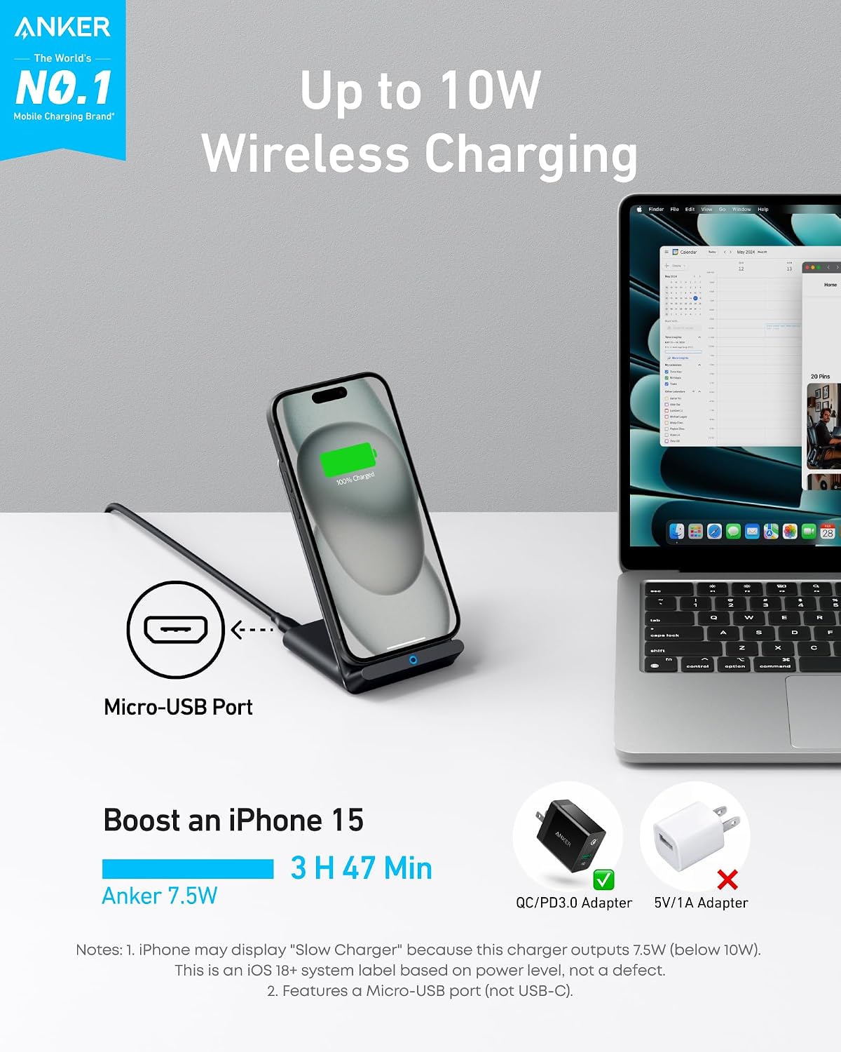 Anker 313 Qi-Certified 10W Max Wireless Charger Stand | Fast Power for iPhone 15 / 14 / 13 / 12 / 11 / X / 8, Galaxy S23 / S22, and More (Micro-USB Cable, Adapter Not Included)