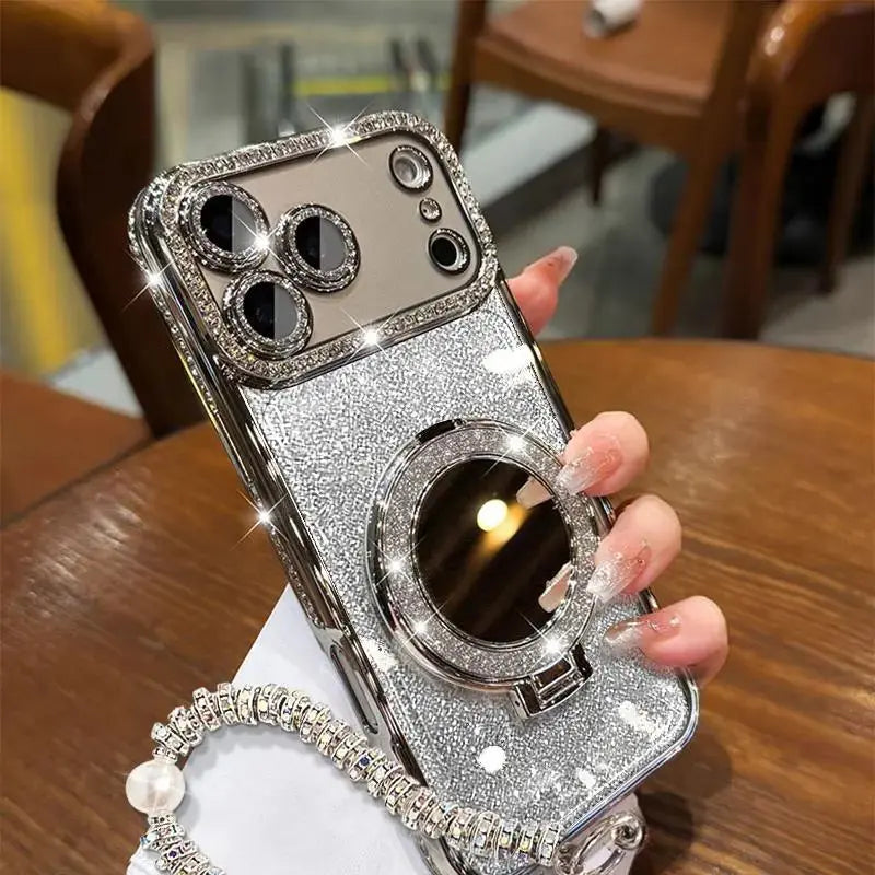 Women's Phone Case with Mirror & Stand for iPhone 12/13/14/15/16/17 Pro Max,17Air,14/15/16 Plus. Features a shiny frame and full-body drop-resistant design.