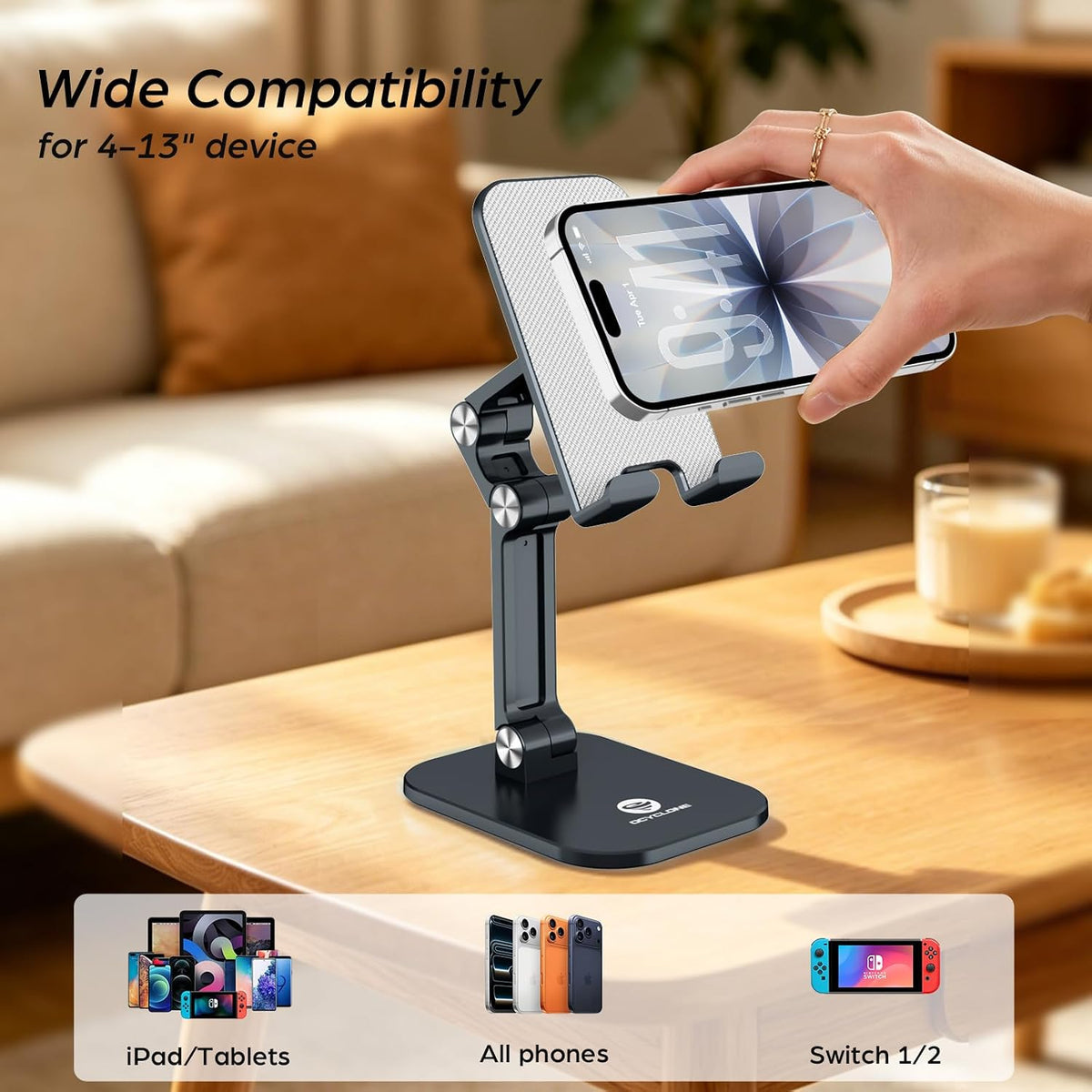Phone Stand, Foldable Cell Phone Stand Holder for Desk Office Accessories Adjustable Height and Angle iPhone Stand Compatible with 4"-13" Phones iPad Tablet - Black