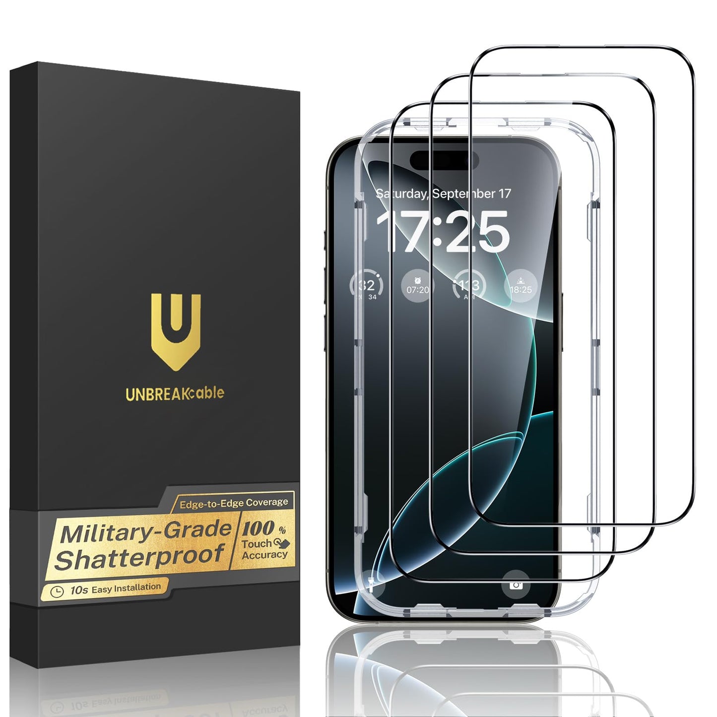UNBREAKcable for iPhone 16 Screen Protector, 3-Pack Full Coverage Tempered Glass [Military Grade Shatterproof] [9H Hardness] [Easy Installation Frame] [Bubble Free] for iPhone 16 6.1"