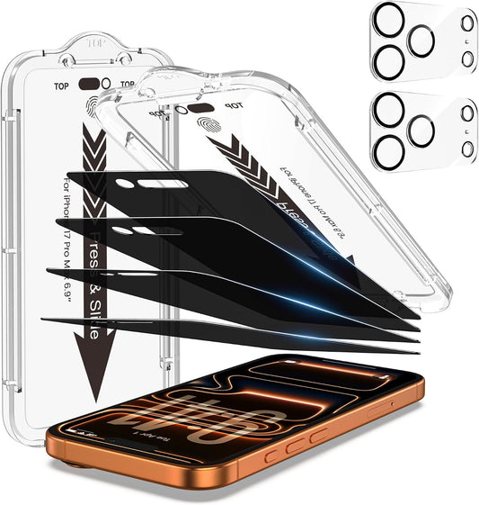 EZ-GLAZ-4+2 Pack for iPhone 17 Pro Max Privacy Screen Protector (6.9") | 2-Pack Lens Protectors, Alignment Kit, Easy Installation, 9H+ Tempered Glass, Scratch Resistant, 28° Privacy Protection