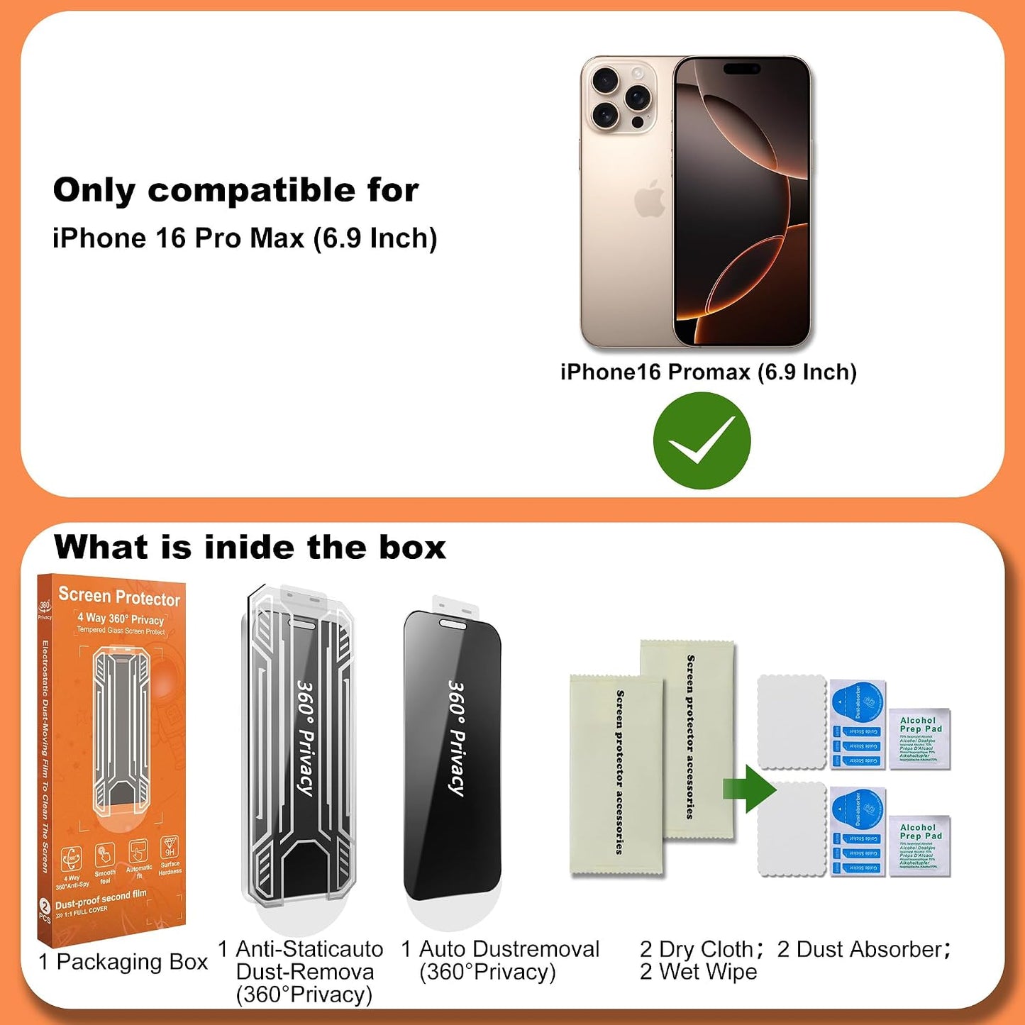 360° 4 Way Privacy Screen Protector for iPhone 16 Pro Max [2 Pack], Anti-Spy Tempered Glass, 9H Hardness Shatterproof, 3D Curved Edges, Case-Friendly, Bubble-Free Easy Installation