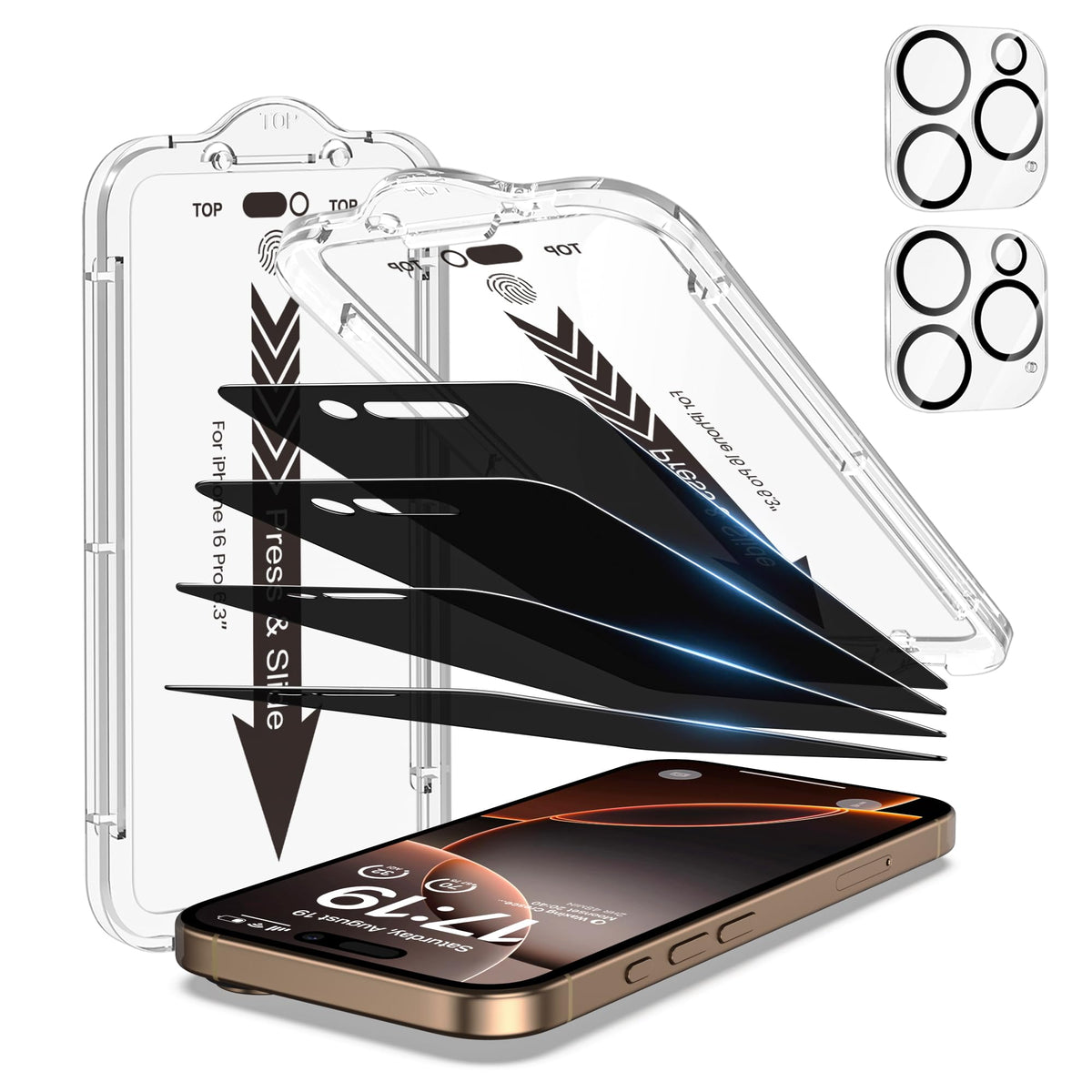 EZ-GLAZ-4+2 Pack for iPhone 15 Plus Privacy Screen Protector (6.7") | 2-Pack Lens Protectors, Alignment Kit, Easy Installation, 9H+ Tempered Glass, Scratch Resistant, 28° Privacy Protection