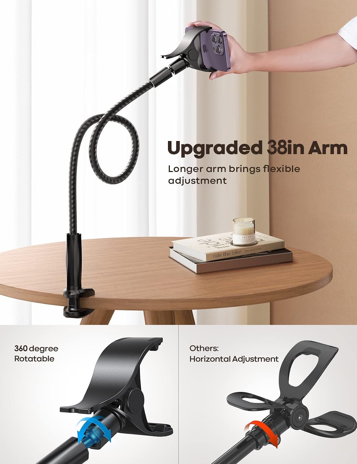 Lamicall Nylon Braided Gooseneck Phone Holder for Bed, 38" Overall Length | 360° Rotating Phone Clamp, Aluminum Core Flexible Arm, Stable Hands-Free Viewing for Bed, Desk, Headboard, Fits 4-7" Phones