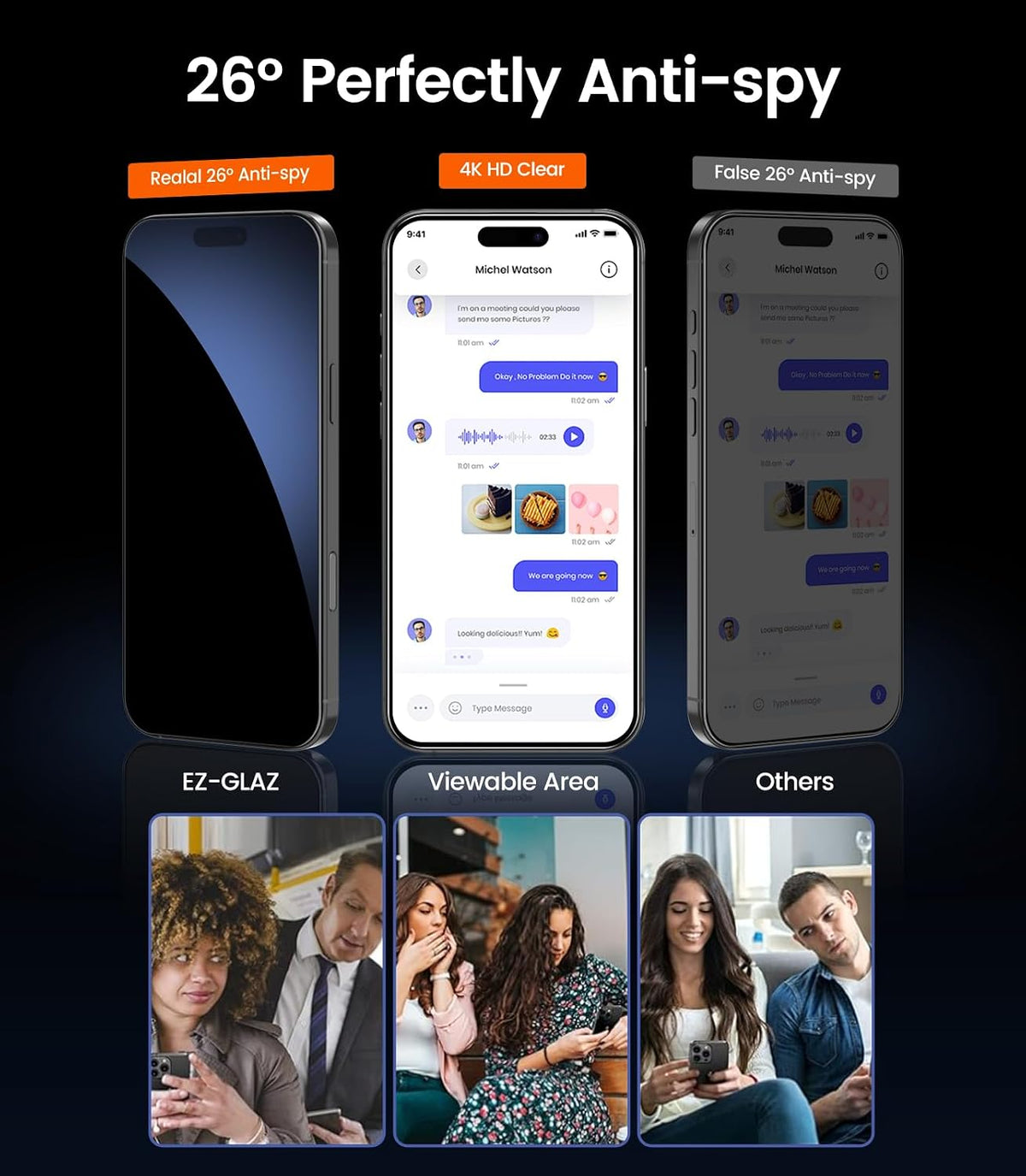 EZ-GLAZ-4 Pack for iPhone 16 Pro Max Privacy Screen Protector (6.9") | 26° Privacy Protection, 12FT Military Grade Shatterproof, 9H+ Tempered Glass Film with Flawless Fit Box, Scratch Resistant