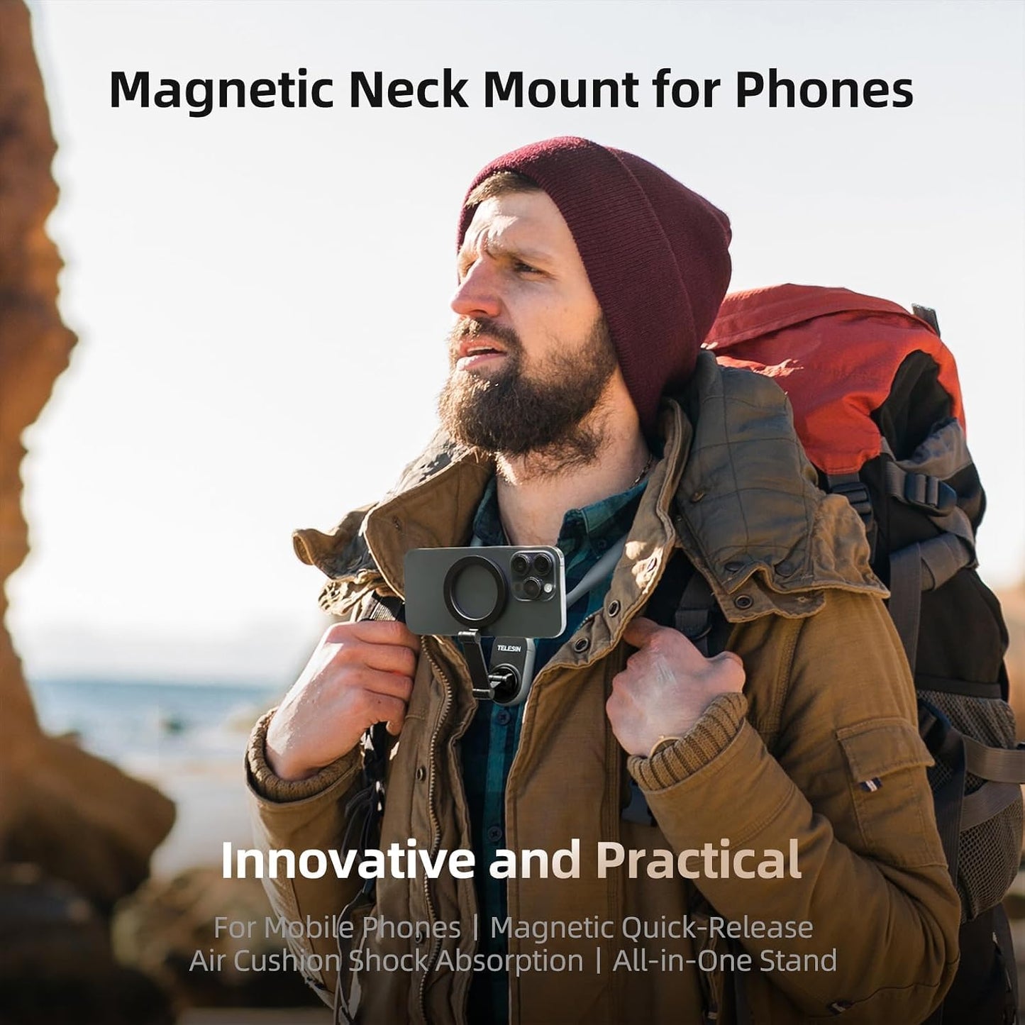TELESIN Magnetic Neck Mount for Phones, Neck Phone Holder POV/Vlog Mount | Hand Free Phone Neck Holder Chest Stand Strap Video Recording for iPhone 17 16 15 14 13 12 Seires Android Phones