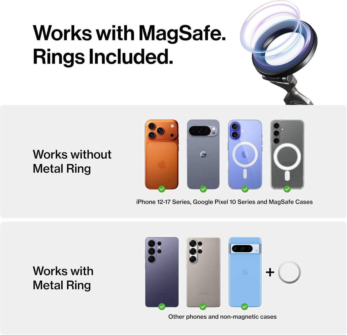 Statik HyperMount (Gen 3) Magnetic Phone Holder, for iPhone and Android | Upgraded Magnet Strength, Nano-suction Adhesive Gel, 360° Rotation, Compatible with MagSafe, Metal Rings for Android