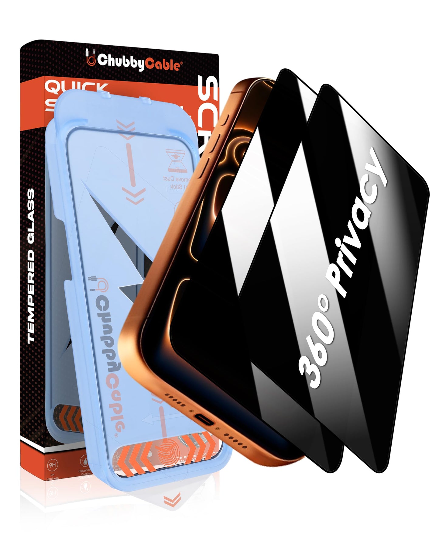 chubbycable 360 Privacy Screen Protector for iPhone 17, 2 Pack | 4-Way Anti-Spy, Tempered Glass Film, Easy Installation Tool, Dust Free, Smooth Touch, Full Coverage, Case Friendly