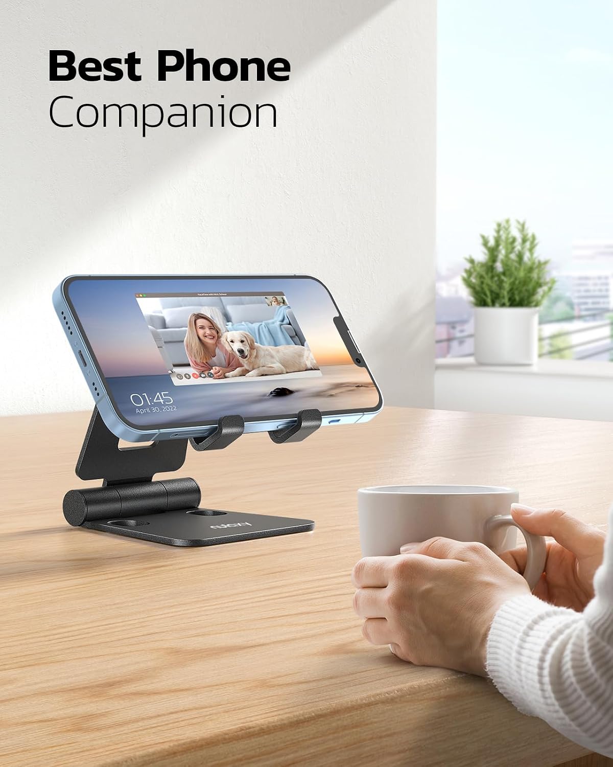 Nulaxy 2 Pack Aluminum Dual Folding Cell Phone Stand for Desk, Black&Silver | Height Angle Adjustable, Portable Phone Holder Fits 18mm Thick Case, Anti-Slip Base, Smartphone Desktop Essential Accessory