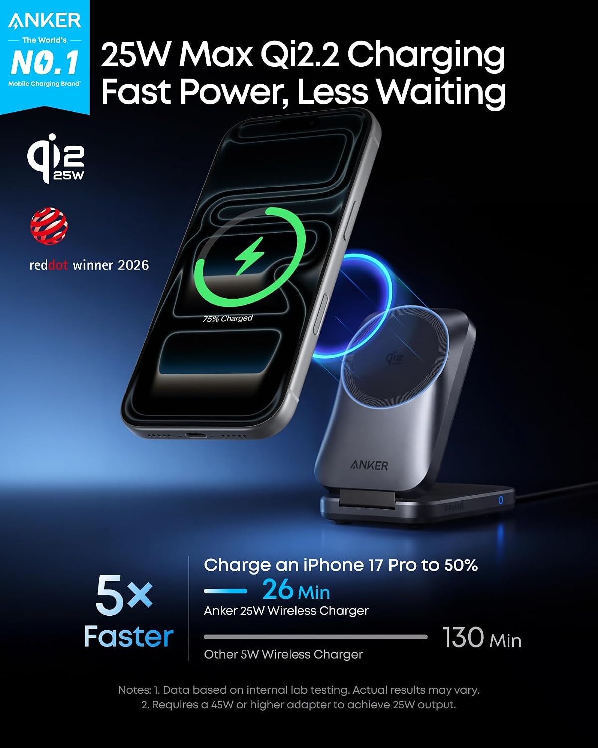 Anker Prime 25W Qi2.2-Certified Palm-Sized 3-in-1 Foldable MagSafe Charger | Travel-Ready Charging Station, AirCool Wireless Charger for iPhone 17, Apple Watch, AirPods (Adapter Included, Non-Battery)