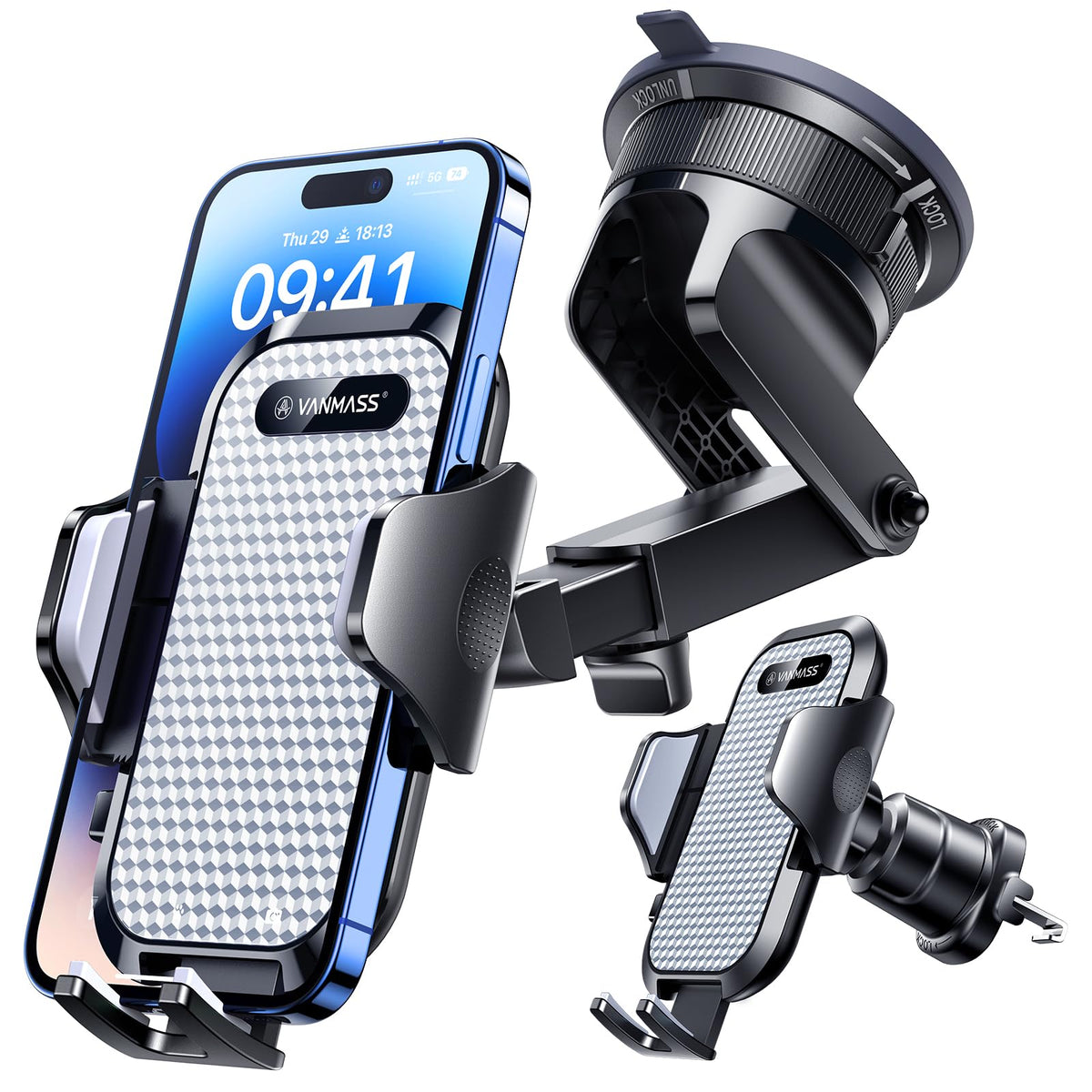 [True Military-Grade] Car Phone Holder VANMASS [Upgraded Strongest Suction&Clip] Cell Phone Mount for Dashboard Windshield Vent Kit, Truck Cradle Stand for iPhone 17 Pro Max 16 15 14 Android,Ink Black