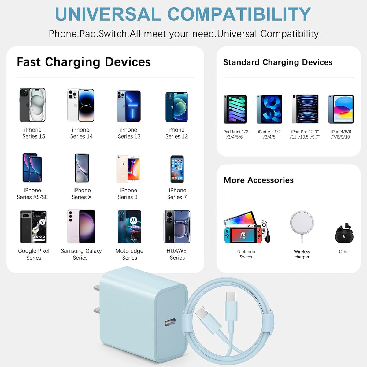 iPhone 17 16 15 Charger Fast Charging Type C Chargers USB C Charger Block | for iPhones, iPads,Tablets,Android phones,20W iPhone Charger USB-C Power Adapter,with Long 6FT USB C Charging Cables(Blue)