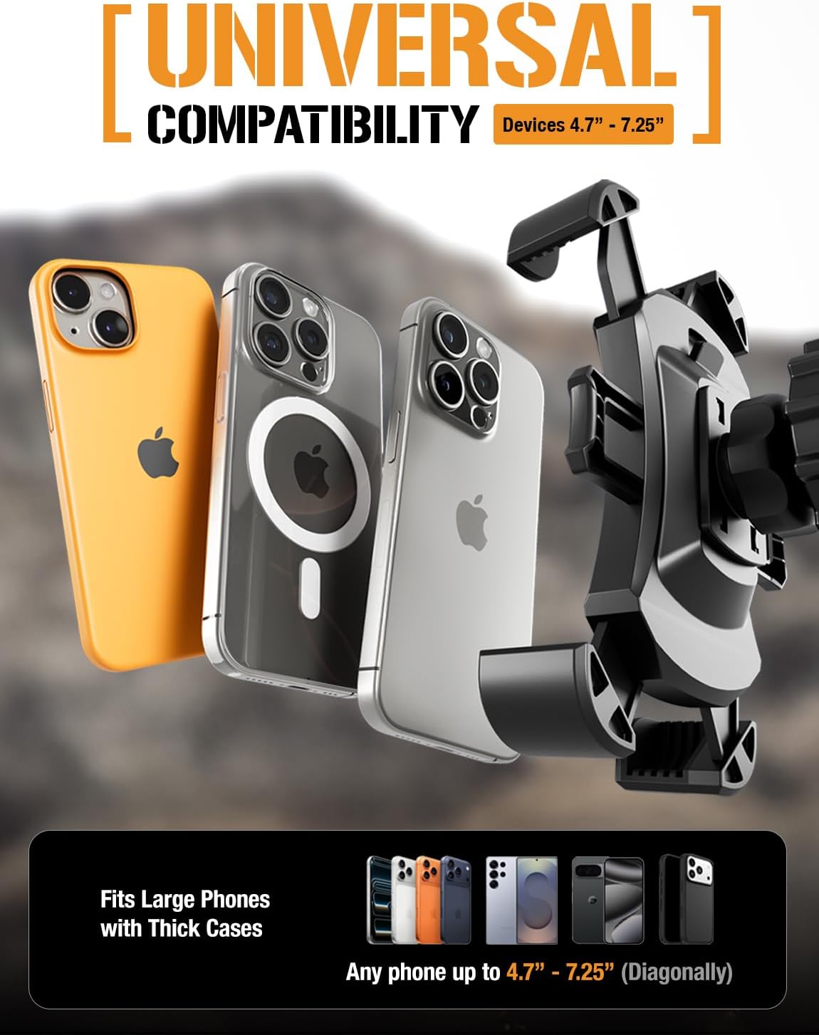 Mammoth Truck Car Phone Holder Mount Vibration Absorbing Holder | 360° rotating phone holder for car with extra-large suction cup, expandable claw grip, and one-hand quick release