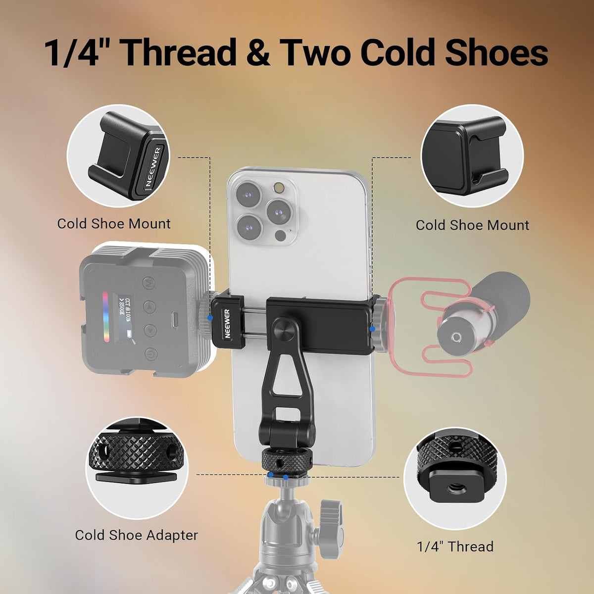 NEEWER GA010 Phone Tripod Mount, 65–90mm Adjustable Phone Clamp Holder with 1/4" Thread, 180° Tilt, 360° Swivel, Cold Shoe Accessories Compatible with iPhone 17 Pro Max Samsung S26 Ultra & More