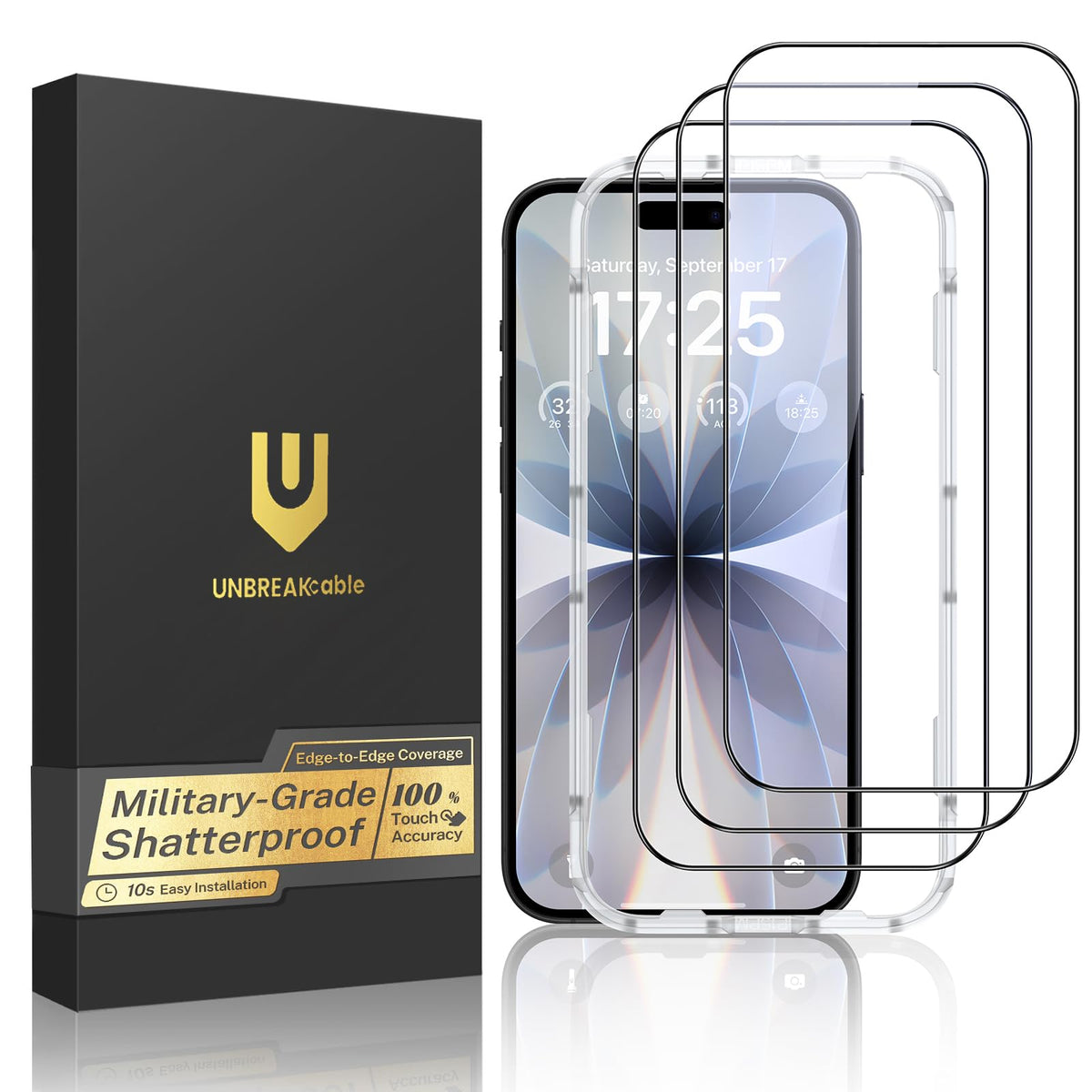 UNBREAKcable for iPhone 16 Screen Protector, 3-Pack Full Coverage Tempered Glass [Military Grade Shatterproof] [9H Hardness] [Easy Installation Frame] [Bubble Free] for iPhone 16 6.1"