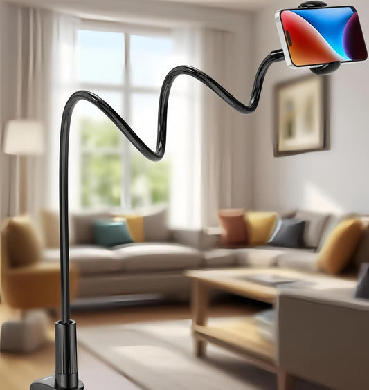1-Pack Gooseneck Phone Holder,360° Rotation,Flexible Long Arm,Clip-On,Black | Universal Cellphone Stand with Sturdy Clip Base, Adjustable Arm for Bed & Desk Use, Compatible with All Smartphones,Tablets