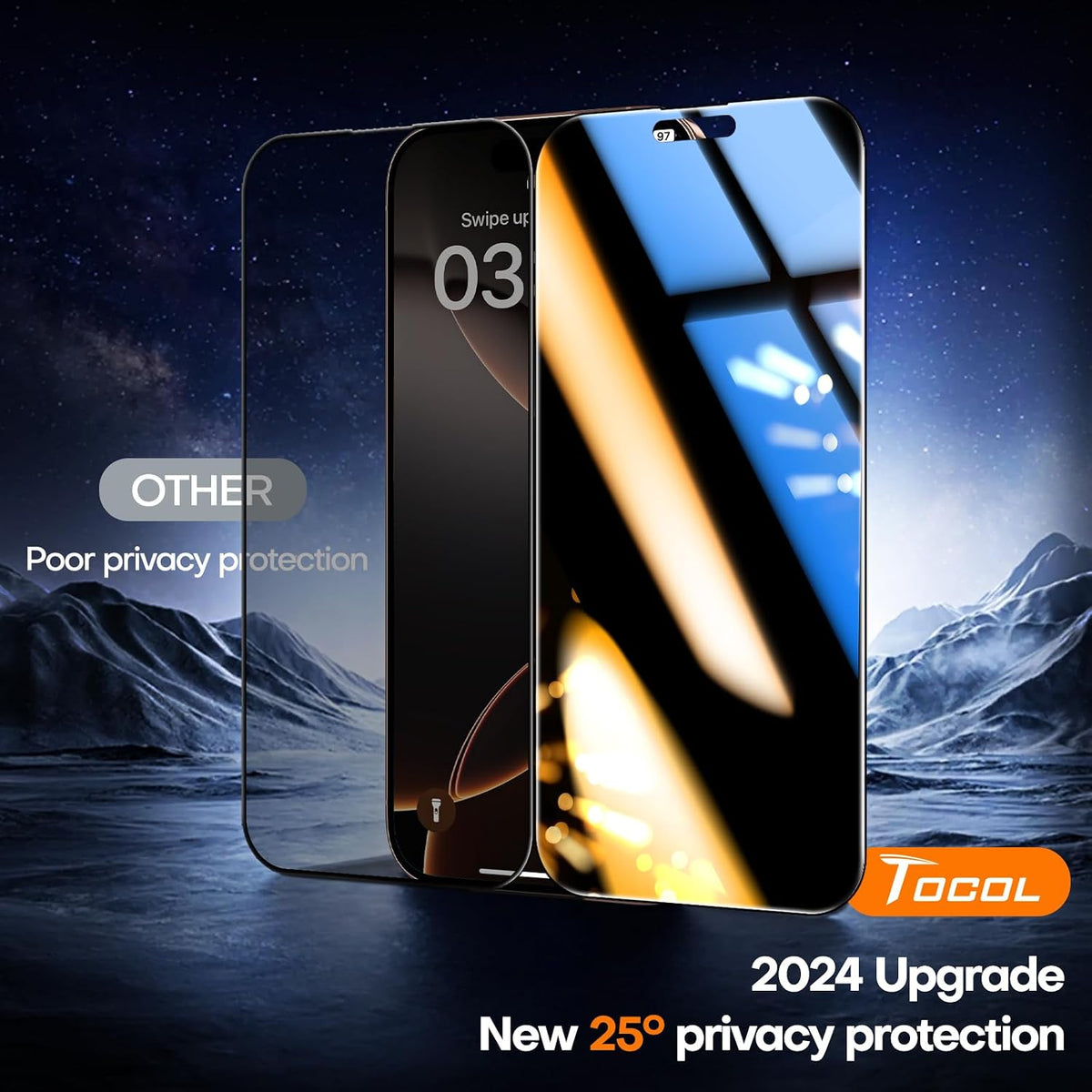 TOCOL for iPhone 16 Pro Max Privacy Screen Protector | Easy Installation, 25° Anti Spy, Data Protection, 9H+ Tempered Glass, 8FT Military Grade Shatterproof, Anti-Scratch, 2 Pack