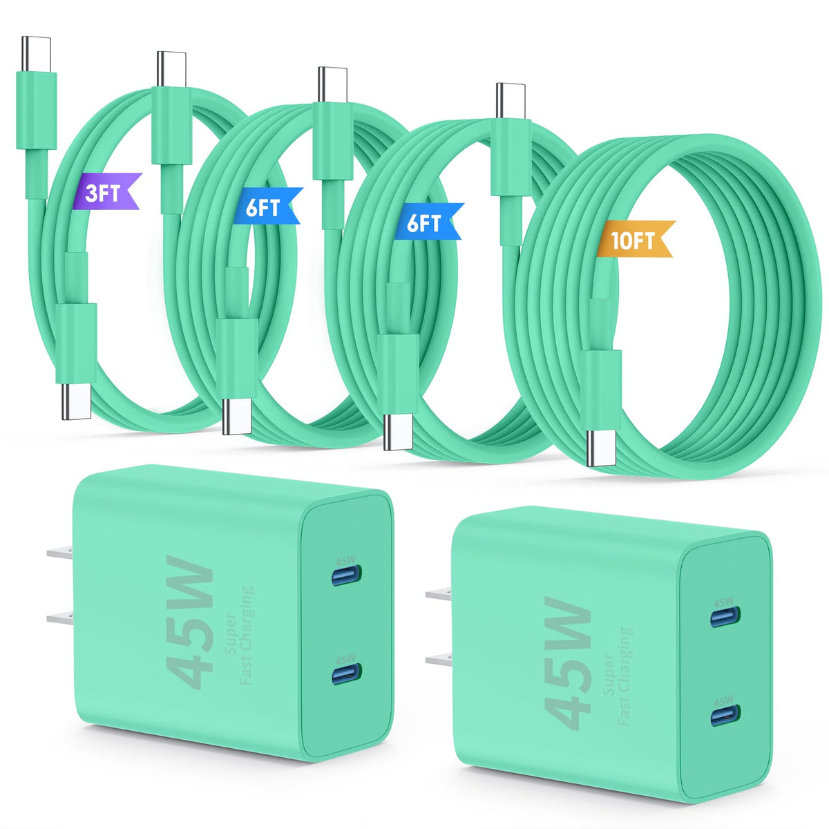 QZIIW Super Fast Samsung Charger Type C,45W Dual Port USB C Fast Charger | Extra Long 60W 3/6/10/10FT USB C Cable - [2-Pack]PD Quick Charging 3.0 For Samsung Galaxy S26 S25 Ultra/S24+/S23 iPhone 17 16