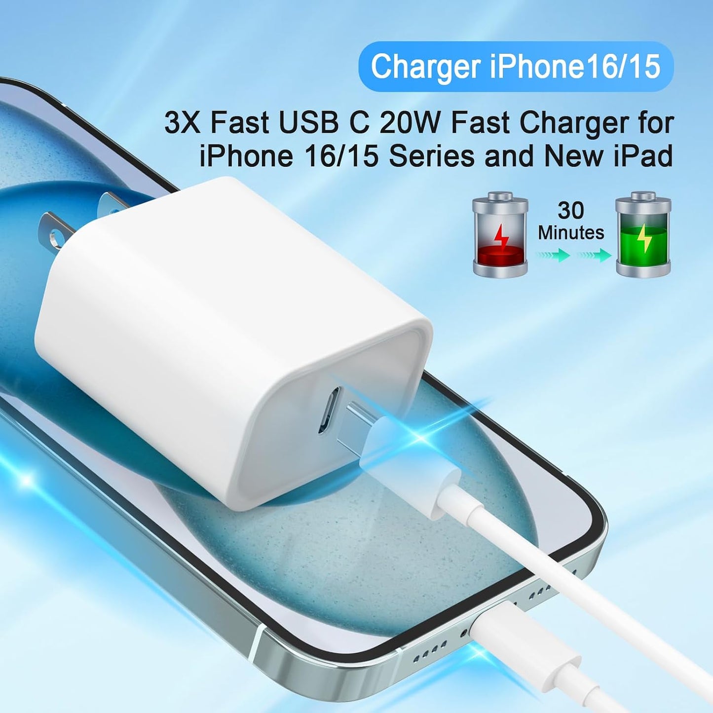 iPhone 17 16 15 Charger, USB C Charger, 4Pack Fast Wall Charging with Cable | USB-C Chargers Block (4-Pack 6 ft Cable Included) for iPhone 17/16/15/15 Pro/15 Pro Max/iPad Pro/AirPods Samsung & More