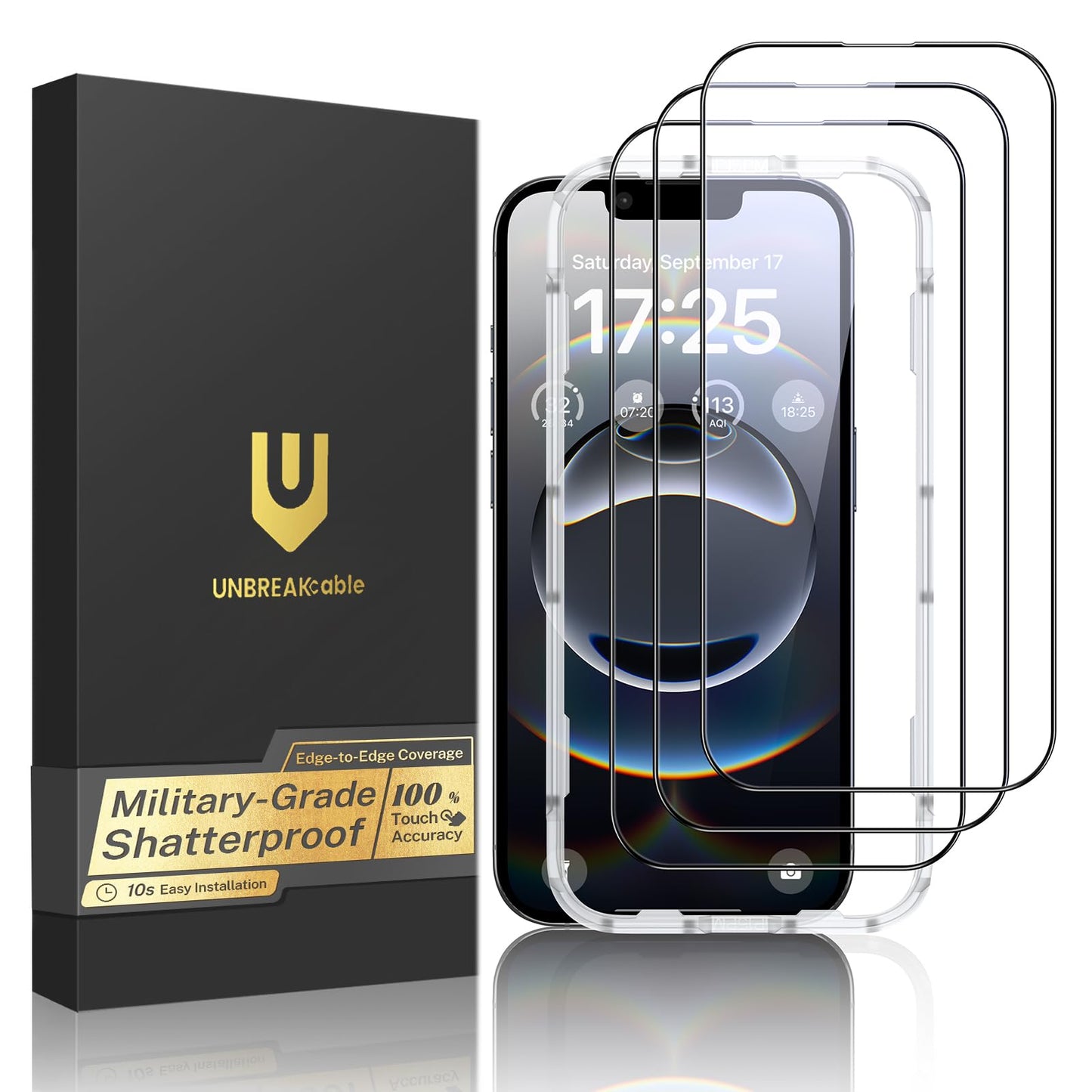 UNBREAKcable for iPhone 16 Screen Protector, 3-Pack Full Coverage Tempered Glass [Military Grade Shatterproof] [9H Hardness] [Easy Installation Frame] [Bubble Free] for iPhone 16 6.1"