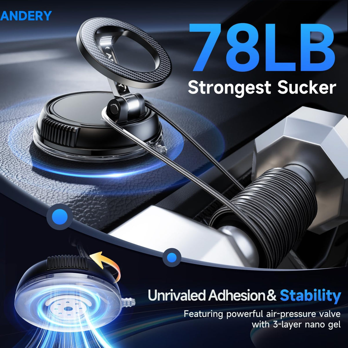 ANDERY Car Phone Holder for Magsafe [78+LBS Max Suction & 2400gf Magnetic] | 360° Adjustable Car Phone Mount, Phone Holders for Your Car for iPhone 17-12 Pro Max Air Plus (Carbon Fiber)