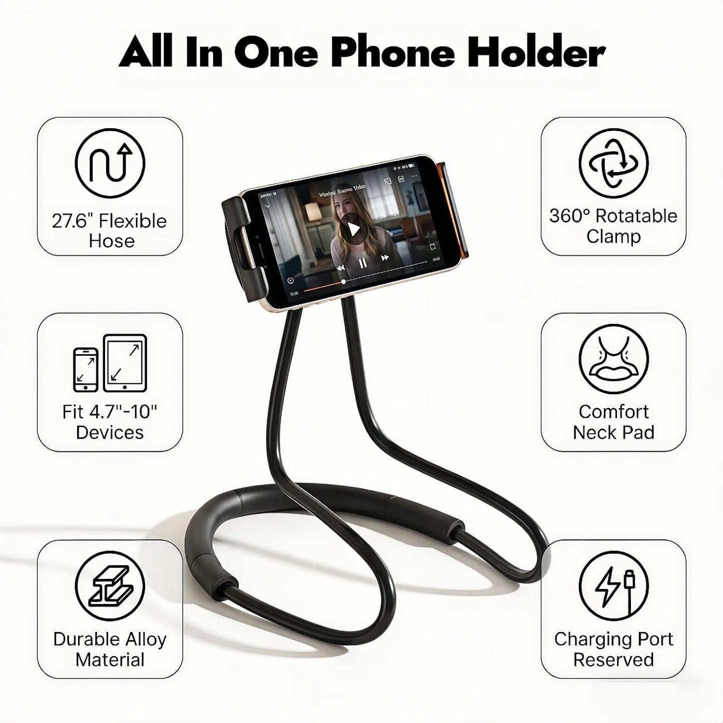 Lazy Phone Holder, 27.6" Flexible Arm Phone Mount, Black | Universal Hands-Free Neck & Desk Stand, 360° Rotatable DIY Smartphone Bracket, For Bed, Couch, Car, Office