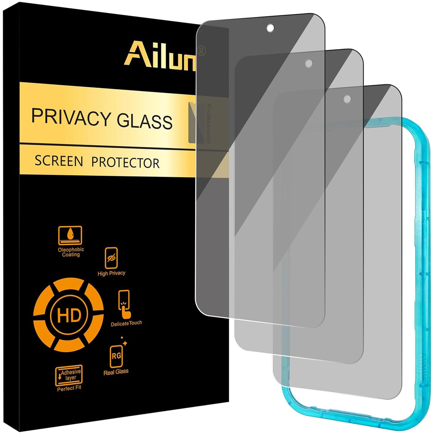 Ailun 3 Pack Privacy Screen Protector for iPhone 16 Pro/iPhone 17 | 6.3 inch, Installation Frame, Anti Spy Private, Tempered Glass, Anti-Scratch, Case Friendly
