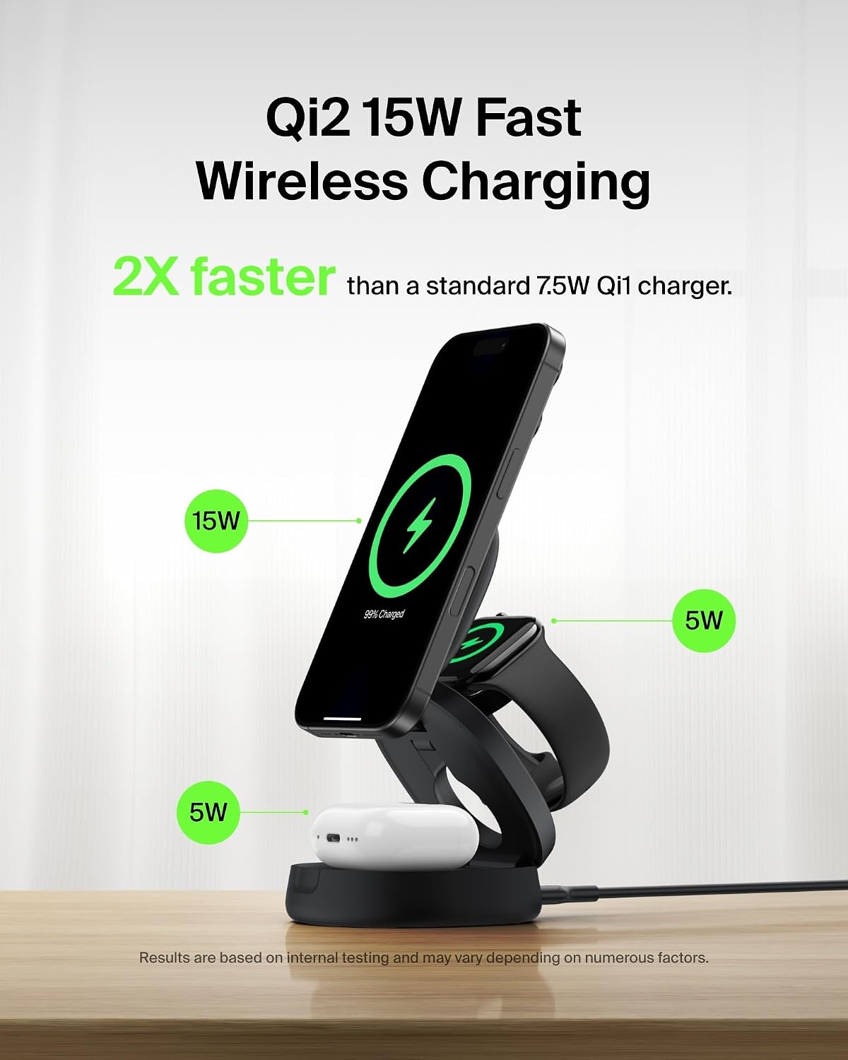 Belkin Qi2 15W Wireless Fast Charging Station, 3 in 1 iPhone Charger | Fast Charging, MagSafe Compatible, iPhone 17/16/15, Apple Watch, AirPods, Travel Charger, Magnetic