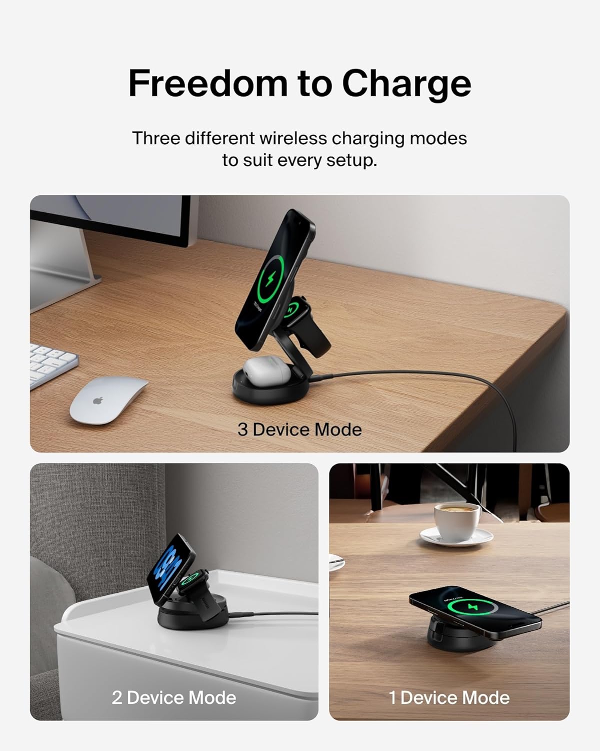 Belkin Qi2 15W Wireless Fast Charging Station, 3 in 1 iPhone Charger | Fast Charging, MagSafe Compatible, iPhone 17/16/15, Apple Watch, AirPods, Travel Charger, Magnetic