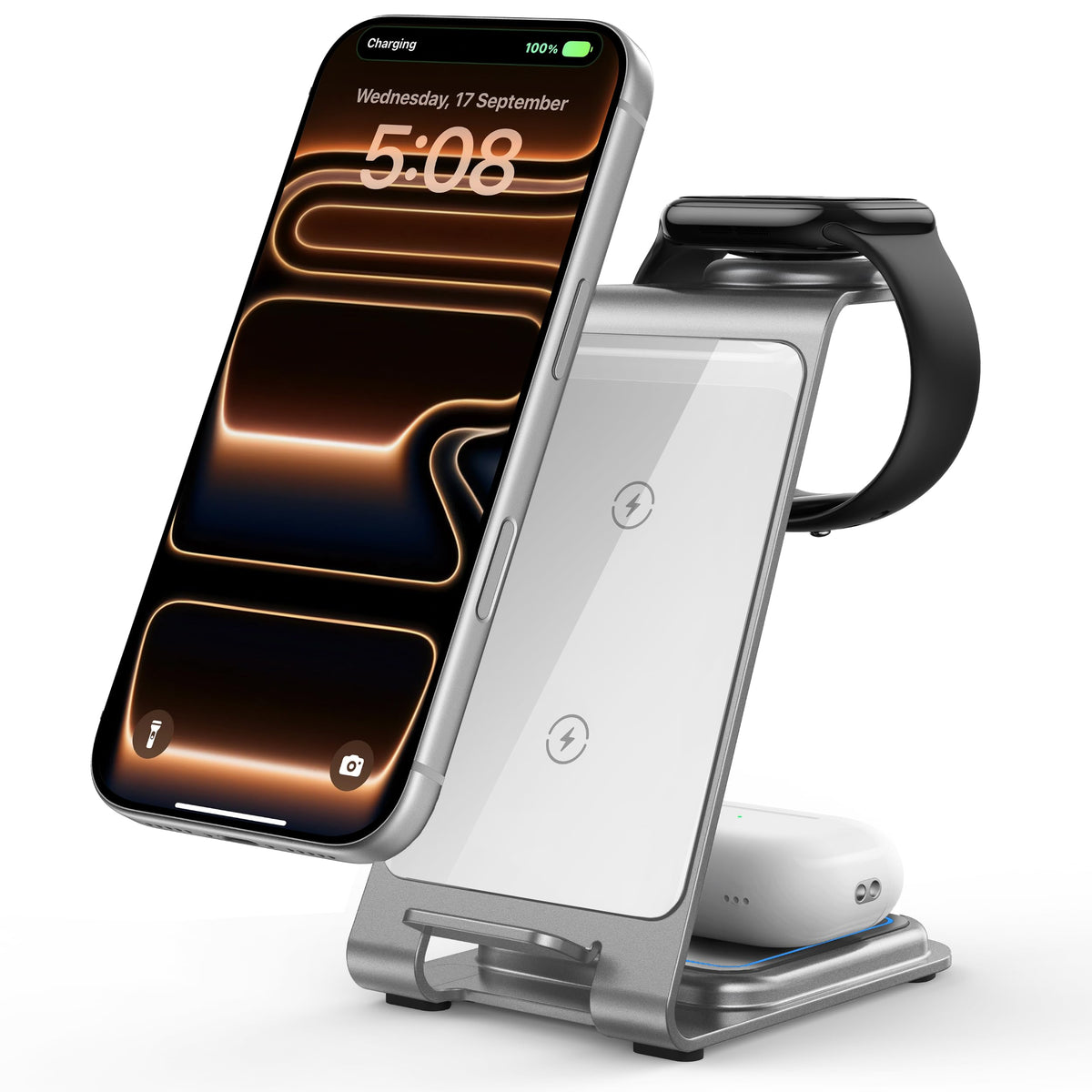 Intoval Aluminum 3 in 1 Wireless Charging Station for iPhone 17 16 15 14 13 12 11 Pro Max XR, Wireless Charger for Apple Watch 11 10 9 8 7 Ultra SE 3 2, Phone Charger for AirPods 4 Pro 2 3 (Grey)