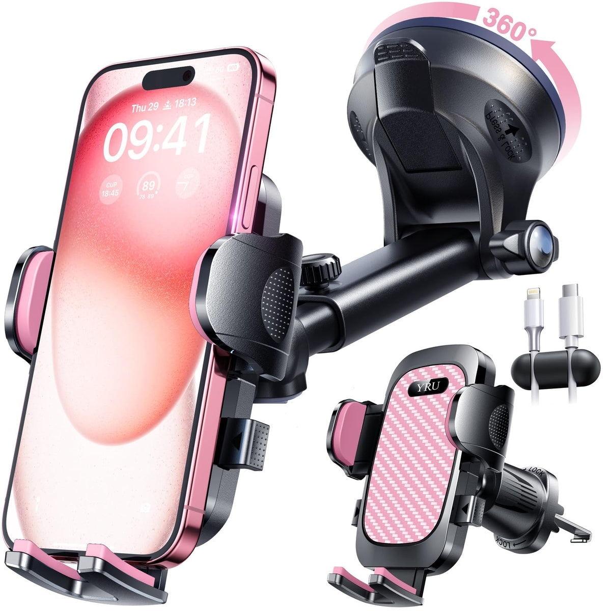 YRU True Military-Grade [360° Rotation Suction] 2026 Ultimate Car Phone Holder Mount【90+LBS Safest Strongest & Patent Certs】 Dash Windshield for iPhone 17 16 Pro Max Speakerphones, Gloss Black
