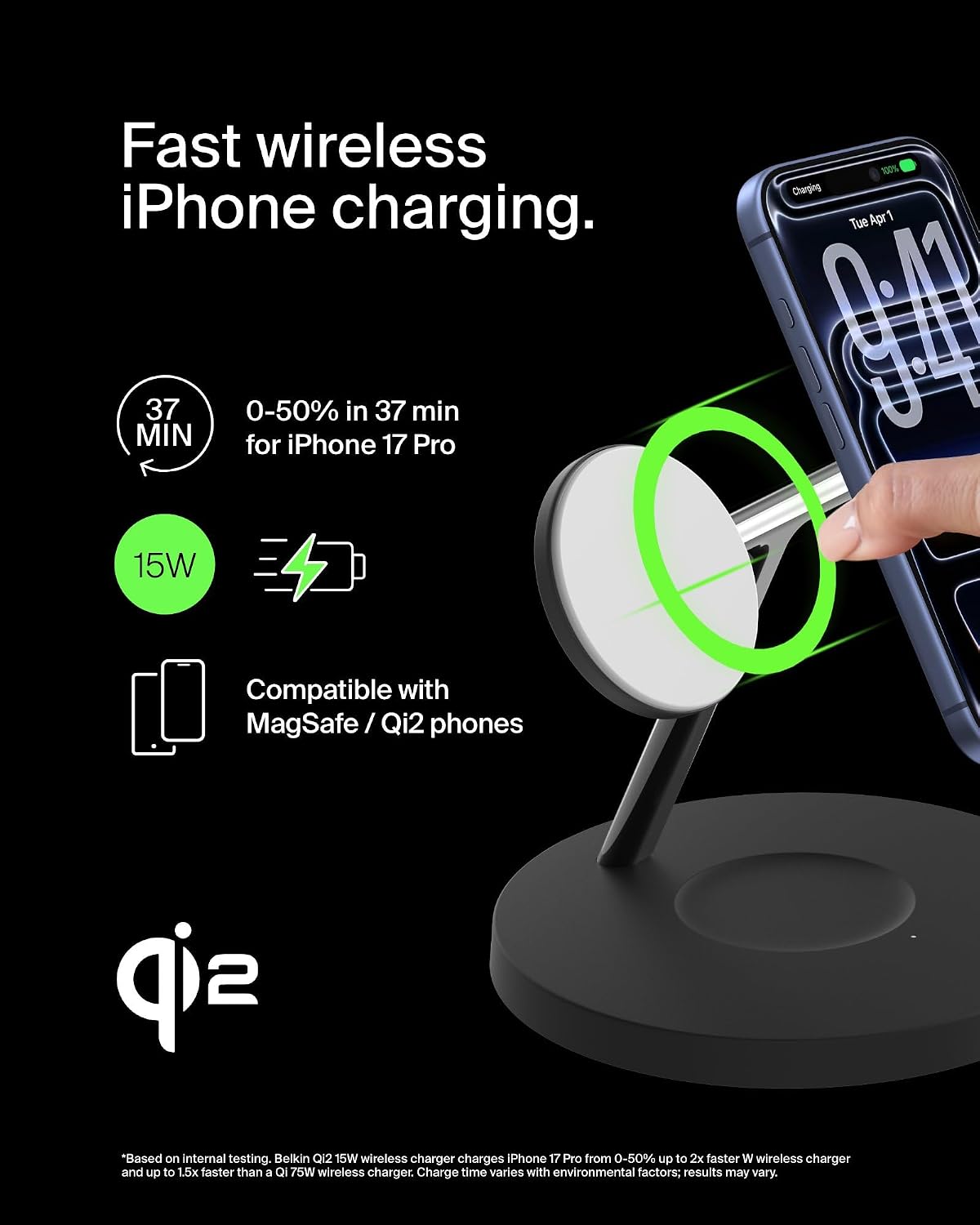Belkin Qi2 15W Wireless Charging Station, 3 in 1 iPhone Charger | Fast Charging, MagSafe Compatible, iPhone 17/16/15, Apple Watch, AirPods, Travel Charger, Magnetic