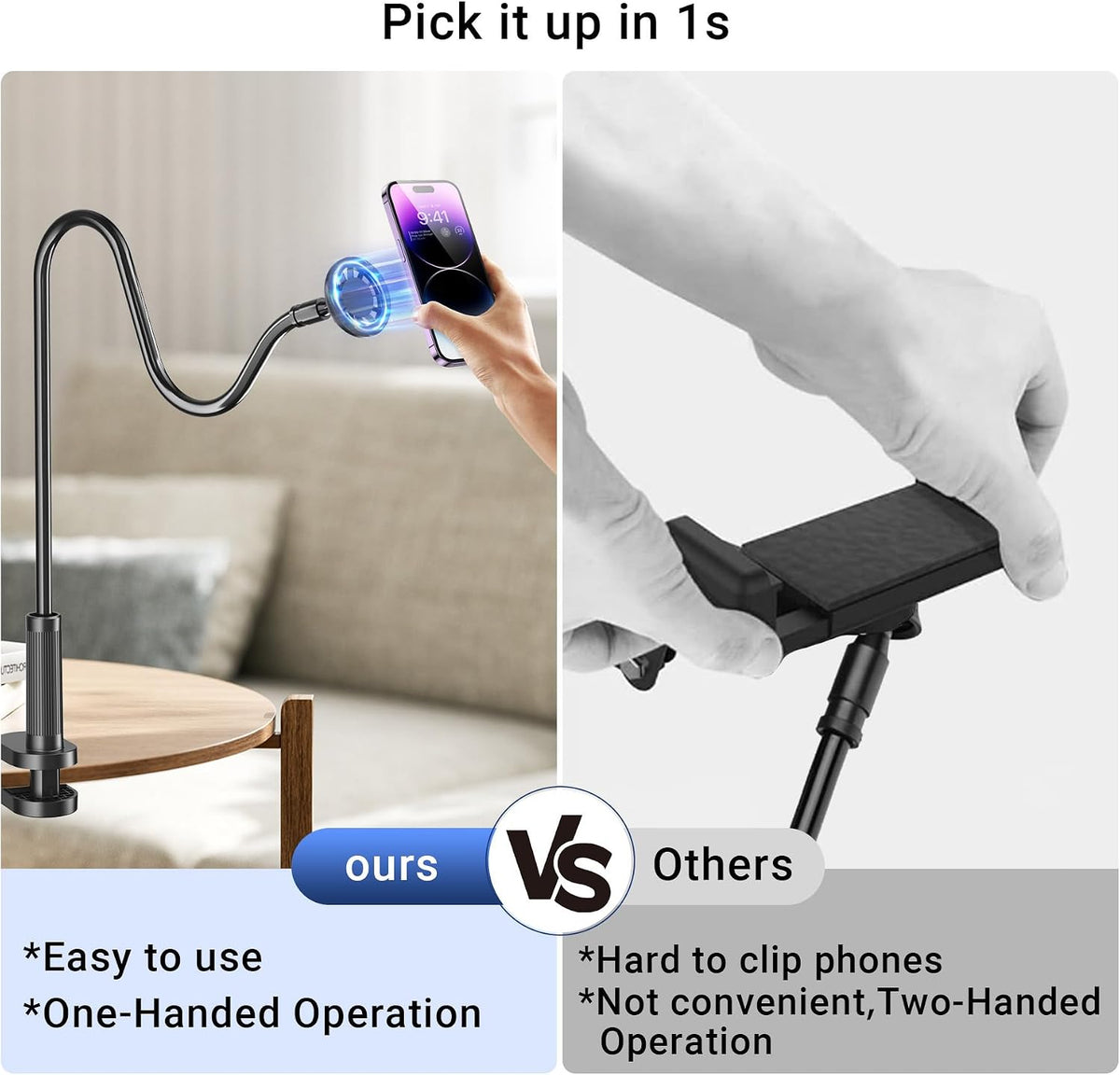 Magnetic Phone Holder for Bed Laying Down with Remote Page Turner, Bedside Gooseneck Phone Stand with Clicker for Reading, Flexible Mount with Wireless Scrolling Ring for iPhone/Tiktok/Short Video