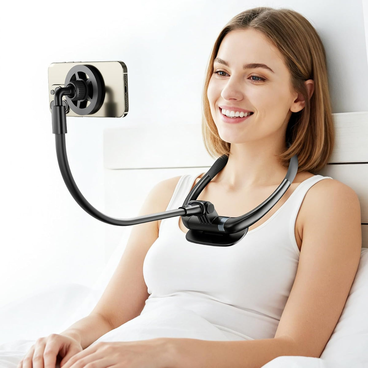 Magnetic Neck Phone Holder for Reading in Bed, One-Hand Operation Comfortable Lazy Cell Phone Mount for iPhone, Around Neck for Video Recording Watch Movies