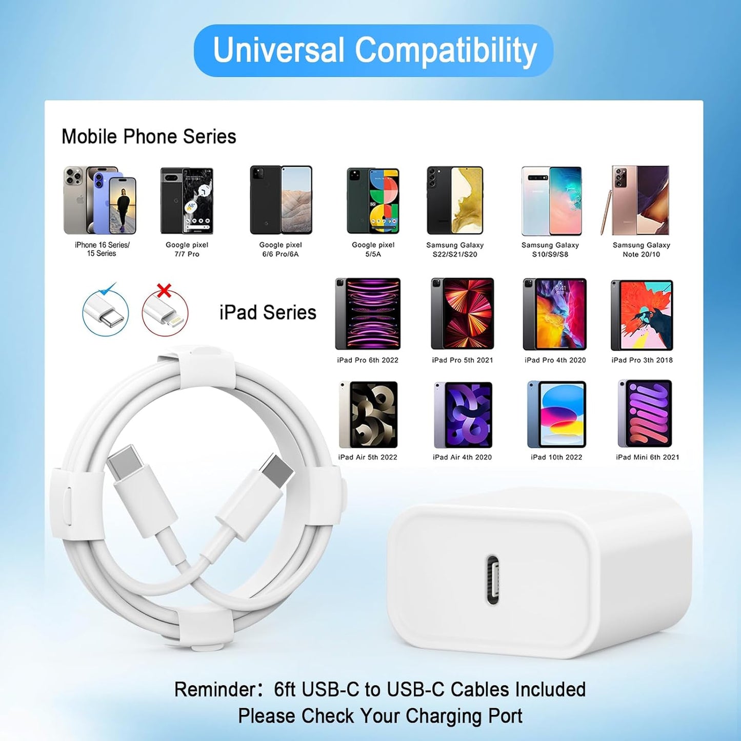 iPhone 17 16 15 Charger, USB C Charger, 4Pack Fast Wall Charging with Cable | USB-C Chargers Block (4-Pack 6 ft Cable Included) for iPhone 17/16/15/15 Pro/15 Pro Max/iPad Pro/AirPods Samsung & More