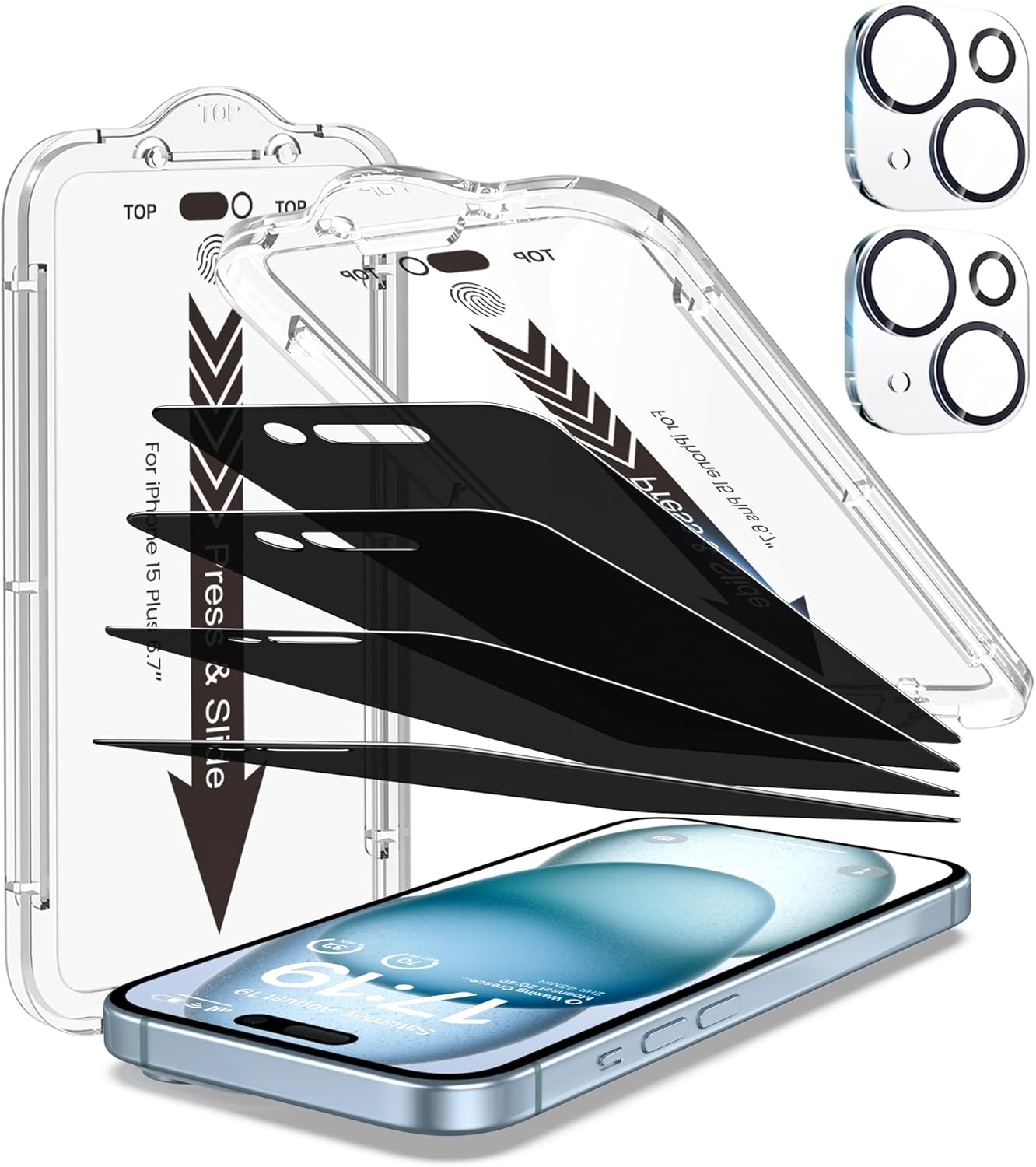 EZ-GLAZ-4+2 Pack for iPhone 15 Plus Privacy Screen Protector (6.7") | 2-Pack Lens Protectors, Alignment Kit, Easy Installation, 9H+ Tempered Glass, Scratch Resistant, 28° Privacy Protection