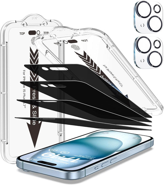 EZ-GLAZ-4+2 Pack for iPhone 15 Plus Privacy Screen Protector (6.7") | 2-Pack Lens Protectors, Alignment Kit, Easy Installation, 9H+ Tempered Glass, Scratch Resistant, 28° Privacy Protection