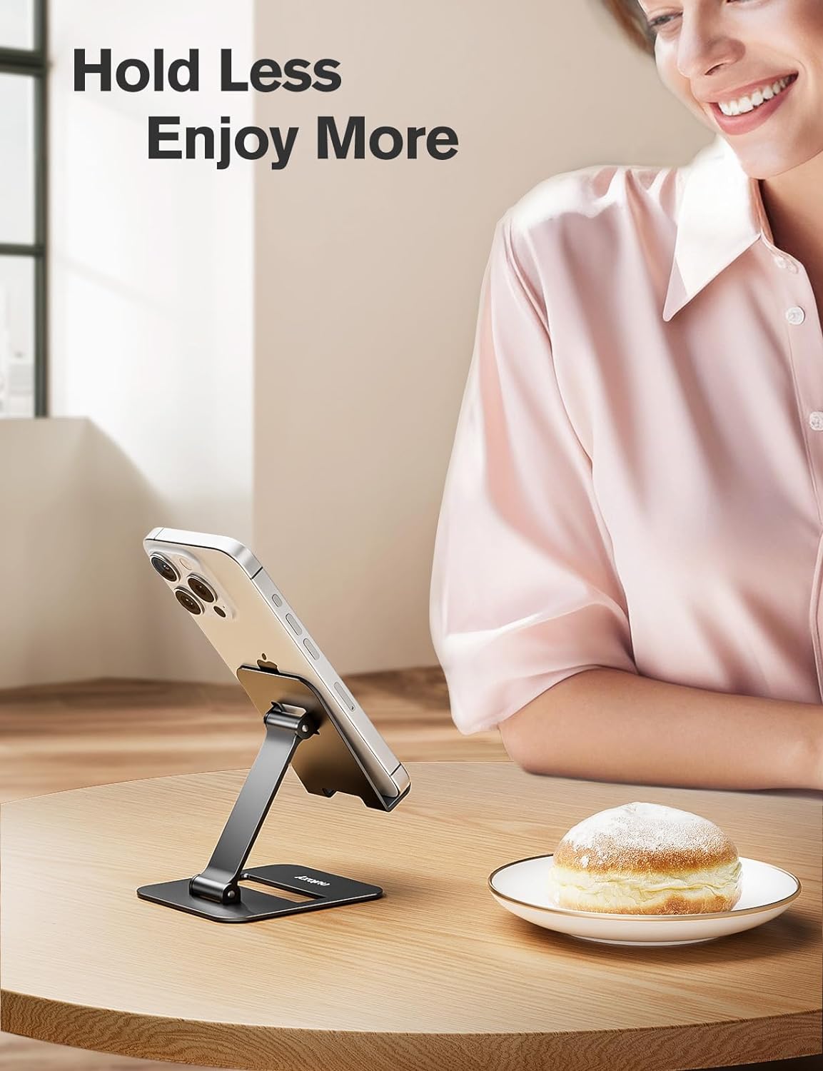 Nulaxy 2 Pcs Aluminum Dual Folding Cell Phone Stand for Desk Black&Rosegold | Height Angle Adjustable, Portable, Anti-Slip Base Phone Holder Fits 16mm Thick Case 4-8" Smartphone Desk Essential Accessory