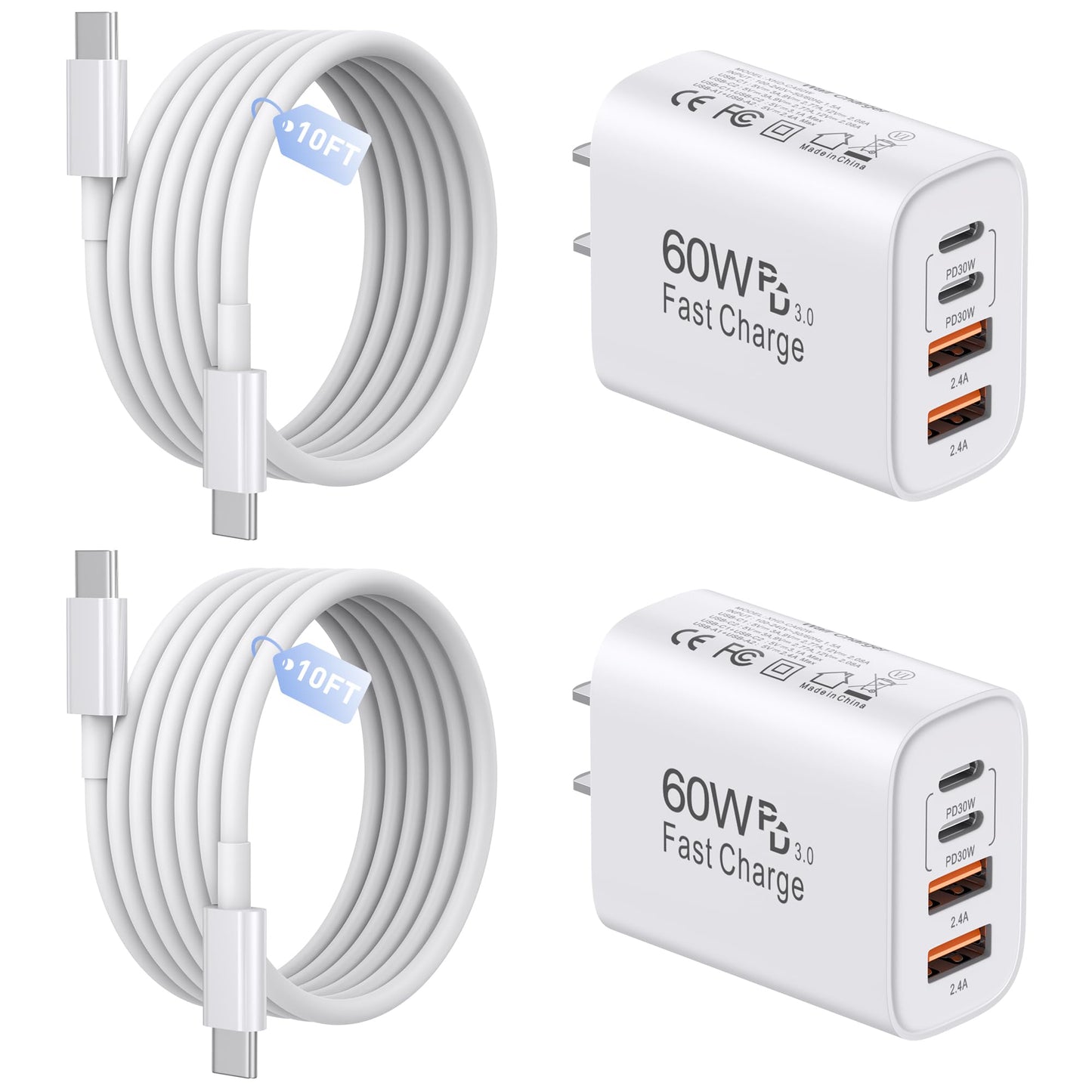 60W USB C Charger,2Pack 10FT iPhone 17 Pro Max Charger Fast Charging,4Port USB-A USBC Charger Block with 10ft USB C Cable Cord for Apple iPhone 17 Pro Max/17 Air/16 Pro Max/15 Plus/16/iPad,AirPods