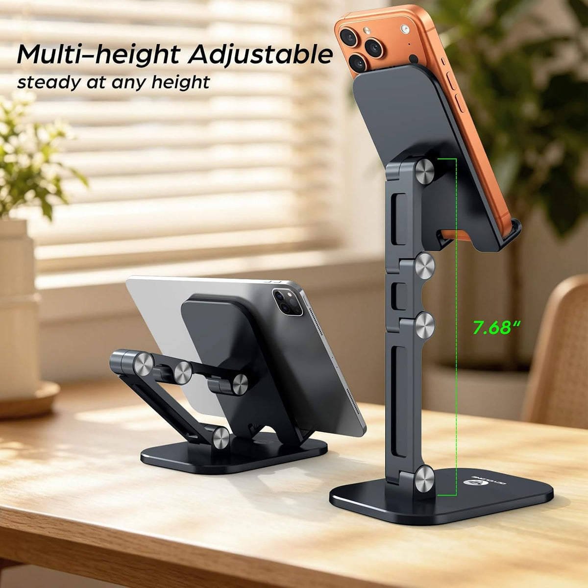 Phone Stand, Foldable Cell Phone Stand Holder for Desk Office Accessories Adjustable Height and Angle iPhone Stand Compatible with 4"-13" Phones iPad Tablet - Black