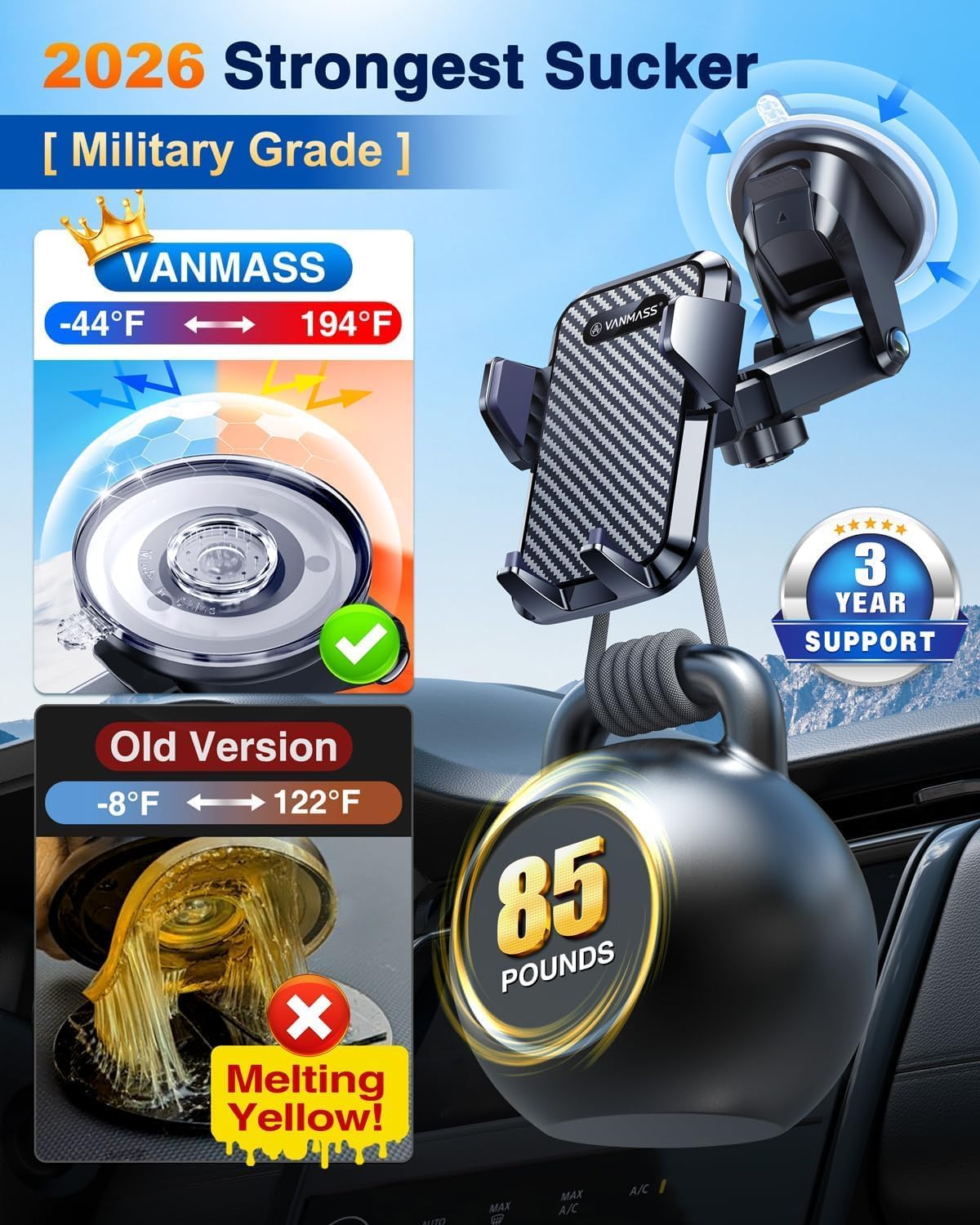 VANMASS【85+LBS Strongest Suction & Military-Grade Ultimate Car Phone Mount | 【Patent & Safety Certs】 Cell Phone Holder for Dash Windshield Vent for iPhone 17 Pro Max Automobile Interior Sets, Ink Black