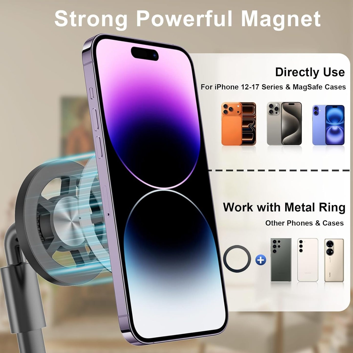Magnetic Neck Phone Holder for Reading in Bed, One-Hand Operation Comfortable Lazy Cell Phone Mount for iPhone, Around Neck for Video Recording Watch Movies