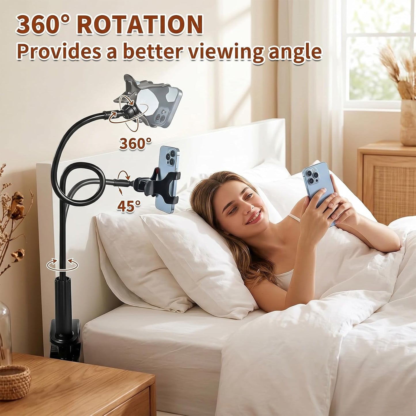 Cell Phone Stand Universal Lazy Bracket Adjustable Gooseneck Phone Holder 360 Degree Rotation Flexible Long Arm Cellphone Stand Clamp Mount for Desk Bed Holder for Most Cellphone,Black