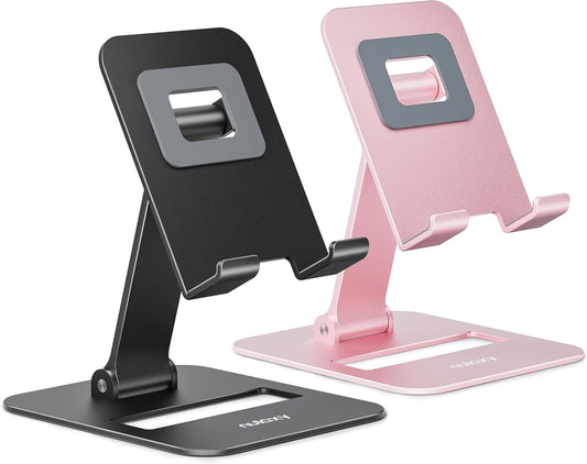 Nulaxy 2 Pcs Aluminum Dual Folding Cell Phone Stand for Desk Black&Rosegold | Height Angle Adjustable, Portable, Anti-Slip Base Phone Holder Fits 16mm Thick Case 4-8" Smartphone Desk Essential Accessory