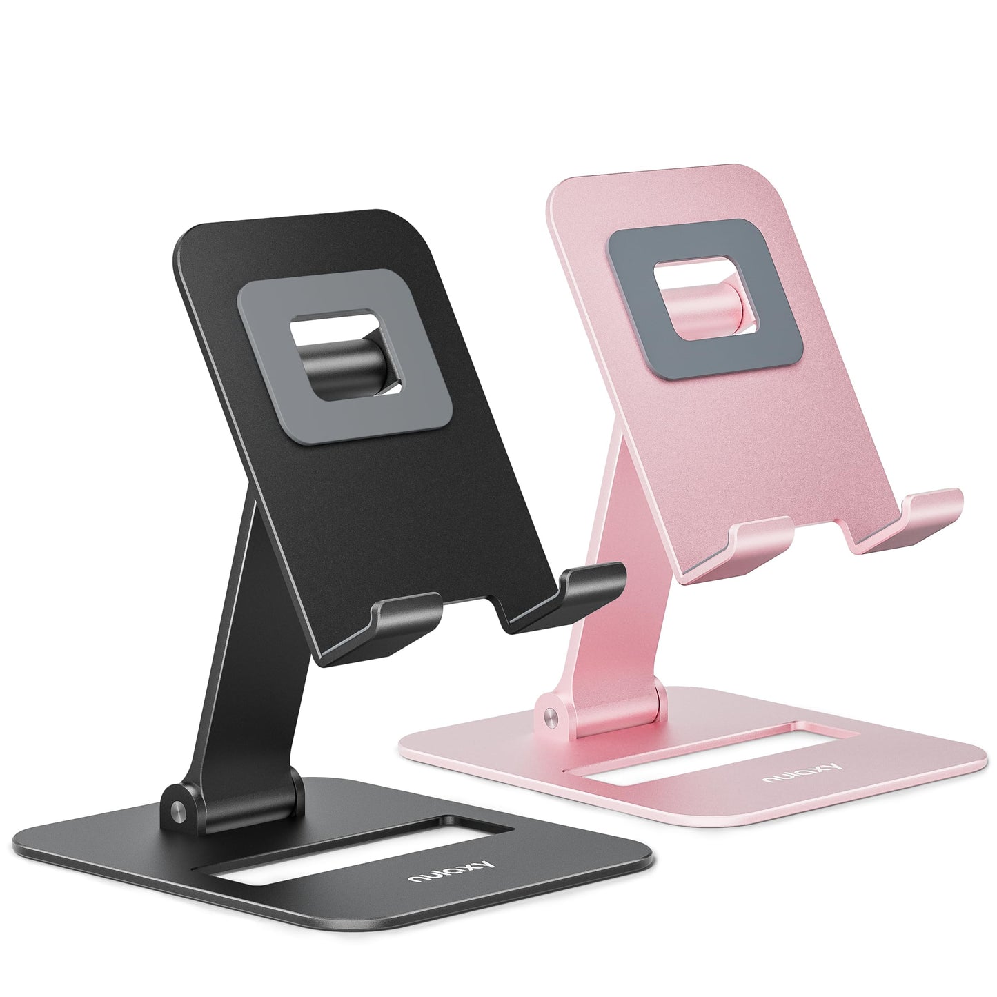 Nulaxy 2 Pcs Aluminum Dual Folding Cell Phone Stand for Desk Black&Rosegold | Height Angle Adjustable, Portable, Anti-Slip Base Phone Holder Fits 16mm Thick Case 4-8" Smartphone Desk Essential Accessory