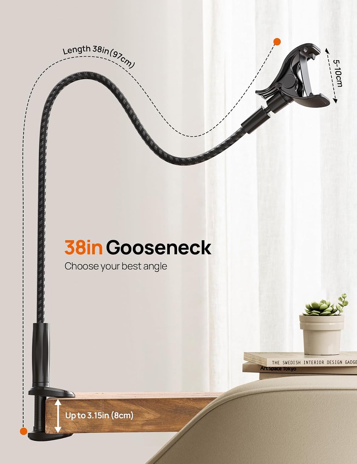 Gooseneck Phone Holder for Bed - [Unique Nylon Braid] 38” Long Flexible Lazy Arm Clip, 360 Adjustable Overhead Phone Mount for iPhone 15 14 13 12 11 Pro Max Mini Plus, All 4-7" Cellphone