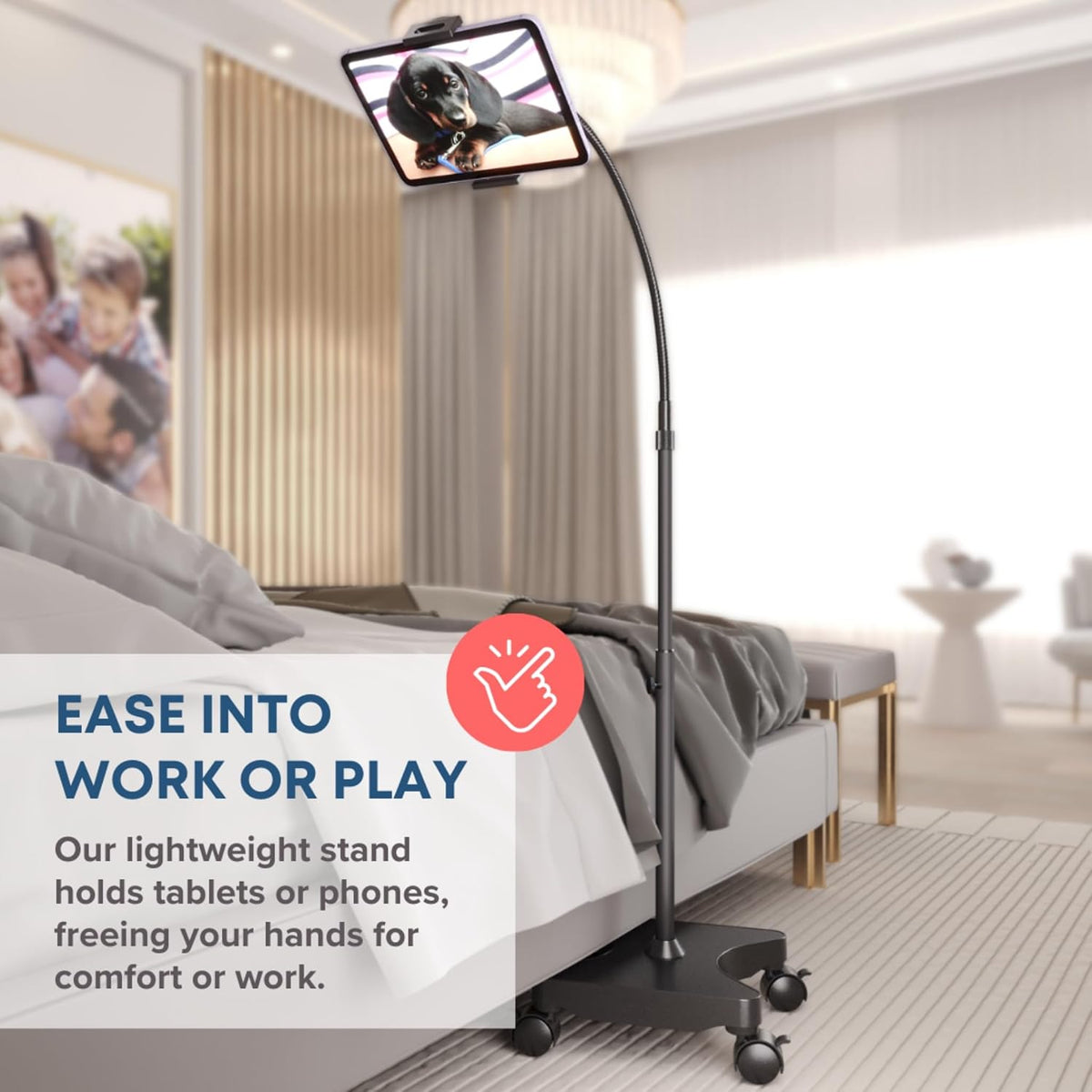 LEVO Rolling Gooseneck Tablet Floor Stand, iPad & Phone Holder, Black | Adjustable height 30-60 in, sturdy bendable arm, locking casters, overbed reach for bed, desk, workout, reading and streaming