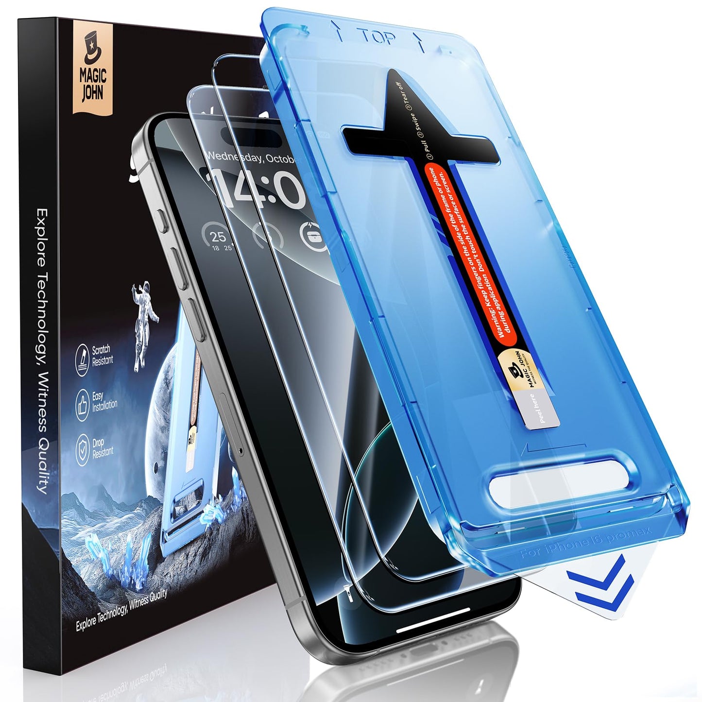 MAGIC JOHN 2 Pack for iPhone 16 Pro Max Tempered Glass Screen Protector | 6.9 inch, Easy Installation, HD Clear, Bubble Free, Auto Dust-Elimination