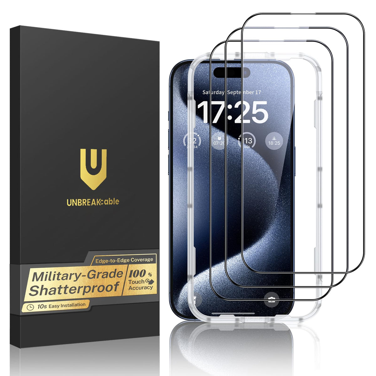 UNBREAKcable for iPhone 16 Screen Protector, 3-Pack Full Coverage Tempered Glass [Military Grade Shatterproof] [9H Hardness] [Easy Installation Frame] [Bubble Free] for iPhone 16 6.1"