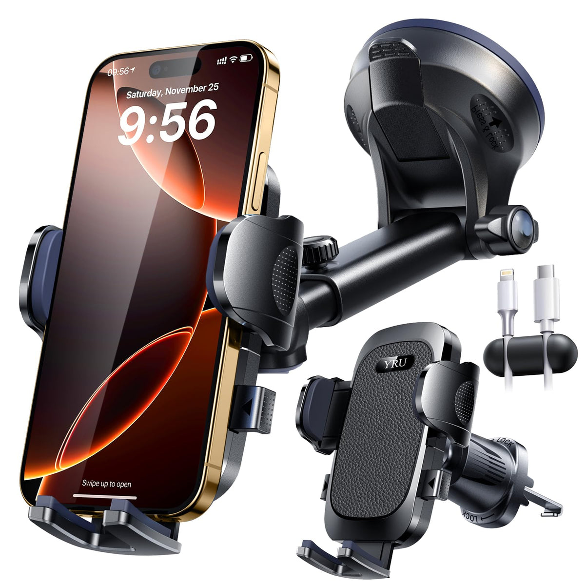 YRU True Military-Grade [360° Rotation Suction] 2026 Ultimate Car Phone Holder Mount【90+LBS Safest Strongest & Patent Certs】 Dash Windshield for iPhone 17 16 Pro Max Speakerphones, Gloss Black